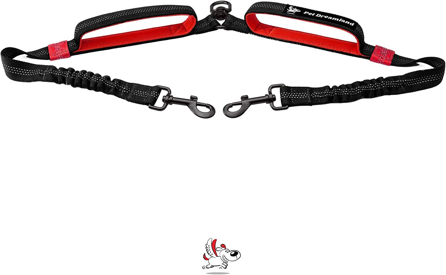 Premium Dual Dog Leash Coupler with Tangle-Free Swivel for Walking Two Medium Dogs - Black & Red