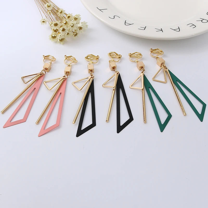 Korean-Inspired Triangle Geometric Clip-On Earrings with Tassel for Women - Retro Fashion Jewelry
