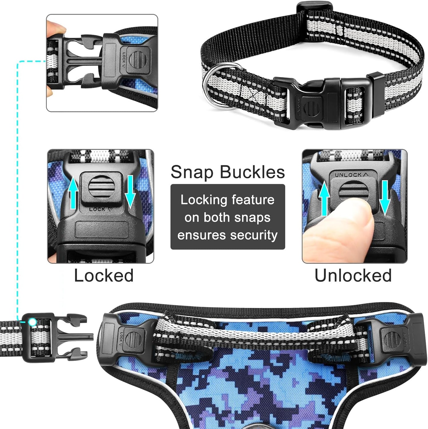 No-Pull Dog Harness with Adjustable Reflective Oxford Vest and Collar, Front/Back Leash Clips for All Dog Sizes, Easy Control Handle for Walking