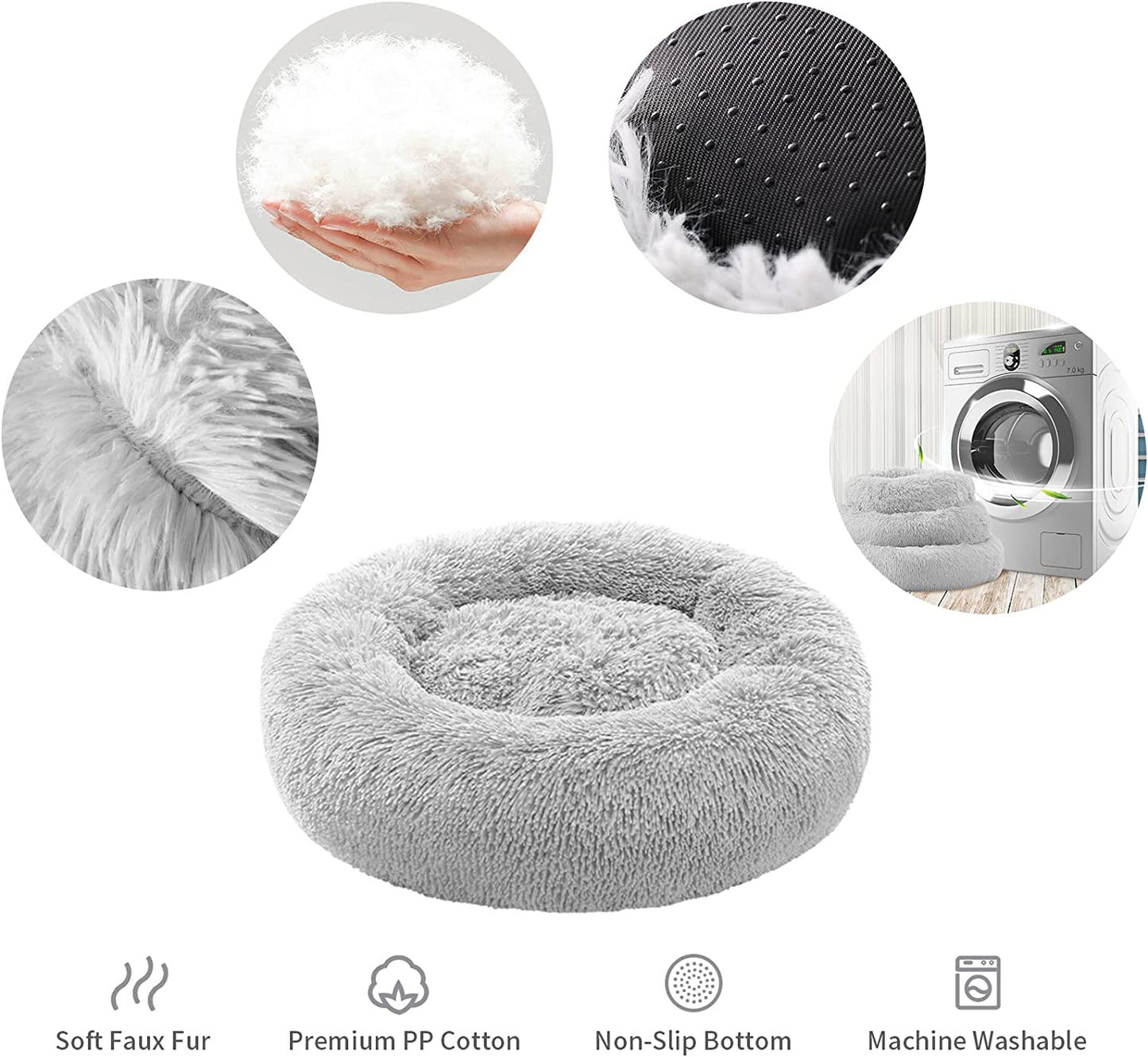 Anti-Anxiety Round Plush Cat and Dog Bed - Cozy, Machine Washable, 20x20 Inch, Grey