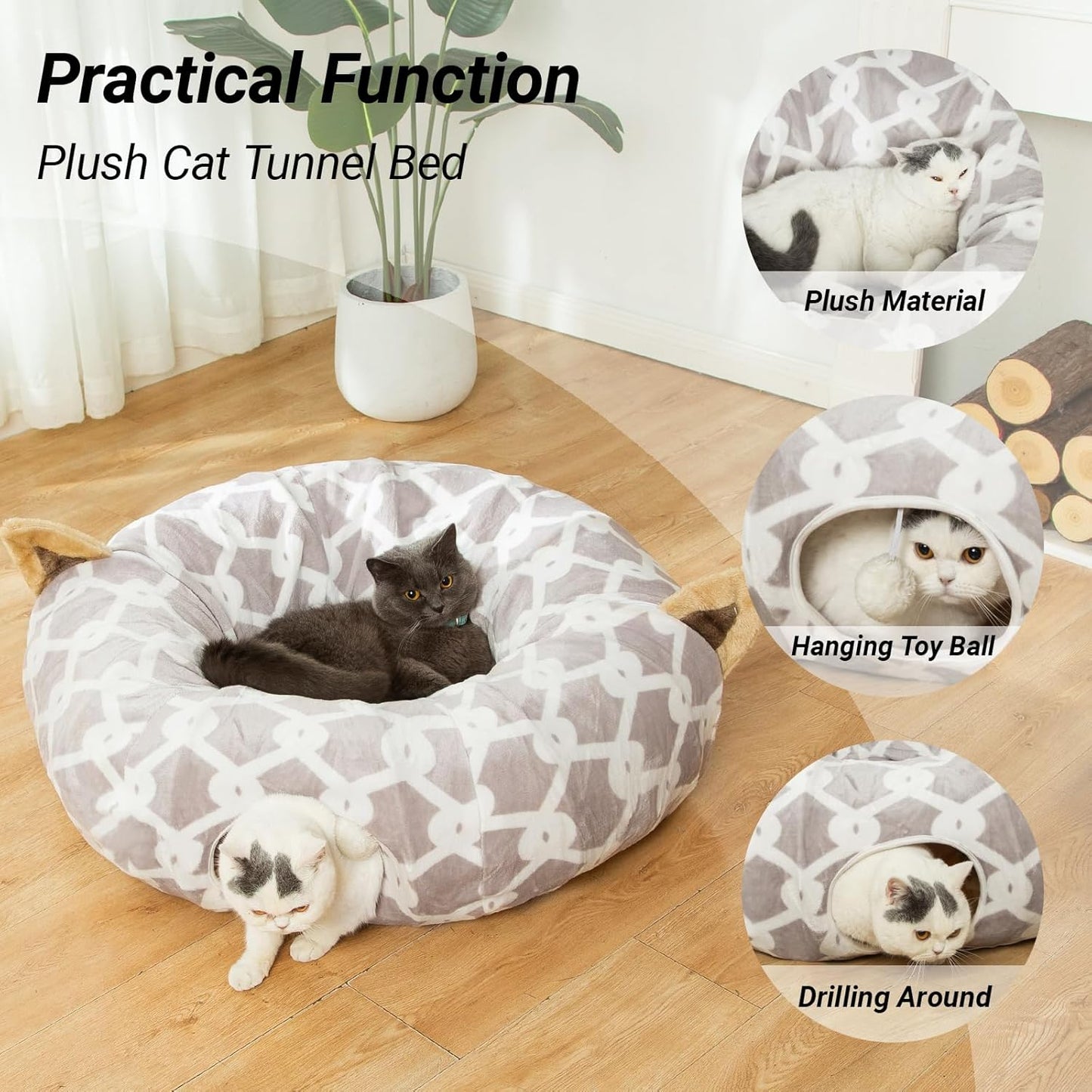 Large Cat Tunnel Bed with Plush Cover, Fluffy Toy Balls, and Small Cushion - 10 Inch Diameter, 3 Ft Length - Ideal for Cats and Small Dogs, Gray Geometric Design