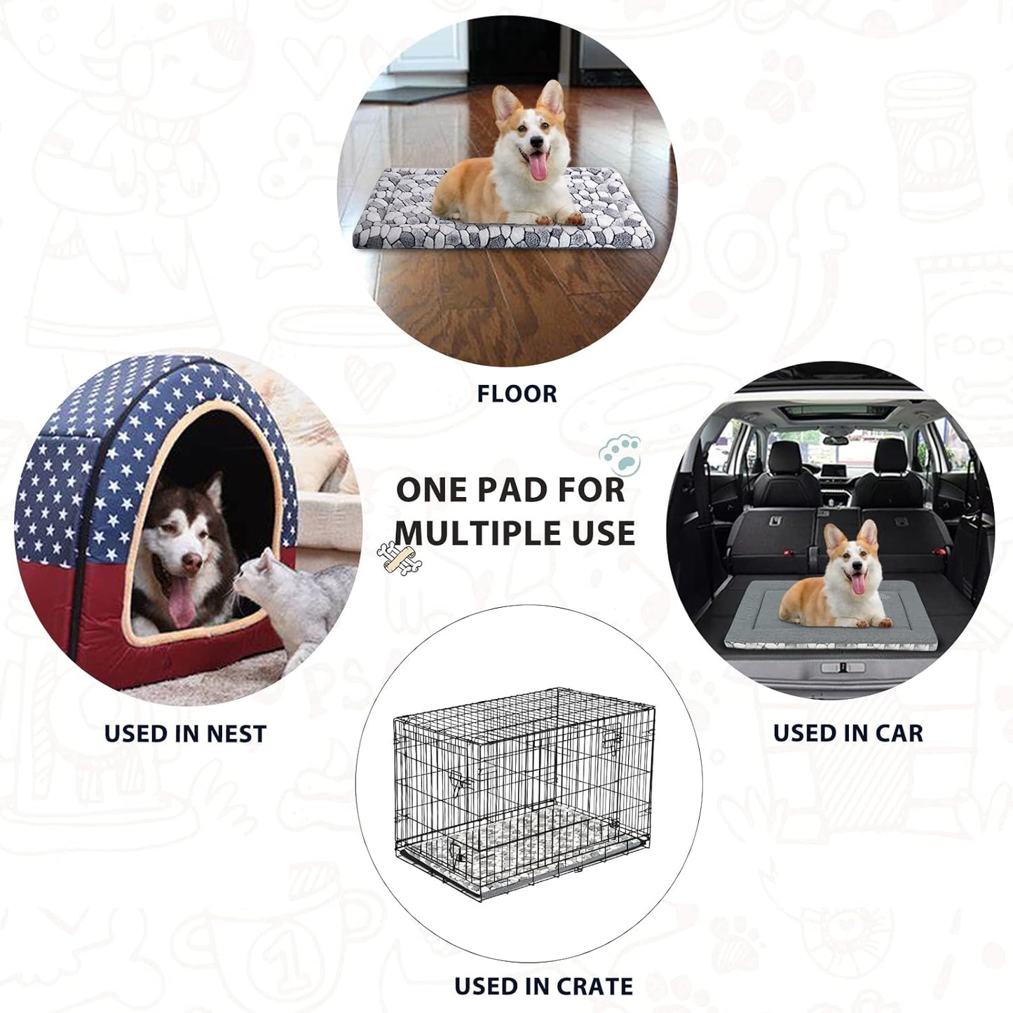 Reversible Dog Crate Pad Bed Mat (Warm & Cool) - Soft, Machine Washable Sleeping Mat for Small to XX-Large Dogs and Cats, Grey Stone Pattern
