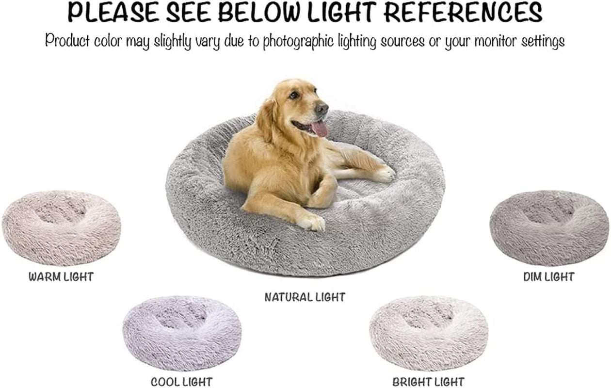 Faux Fur Calming Dog Bed for Small Dogs, Soft Plush Anti-Anxiety Pet Couch, Machine Washable with Non-Slip Bottom, 23" x 23" x 6", Grey