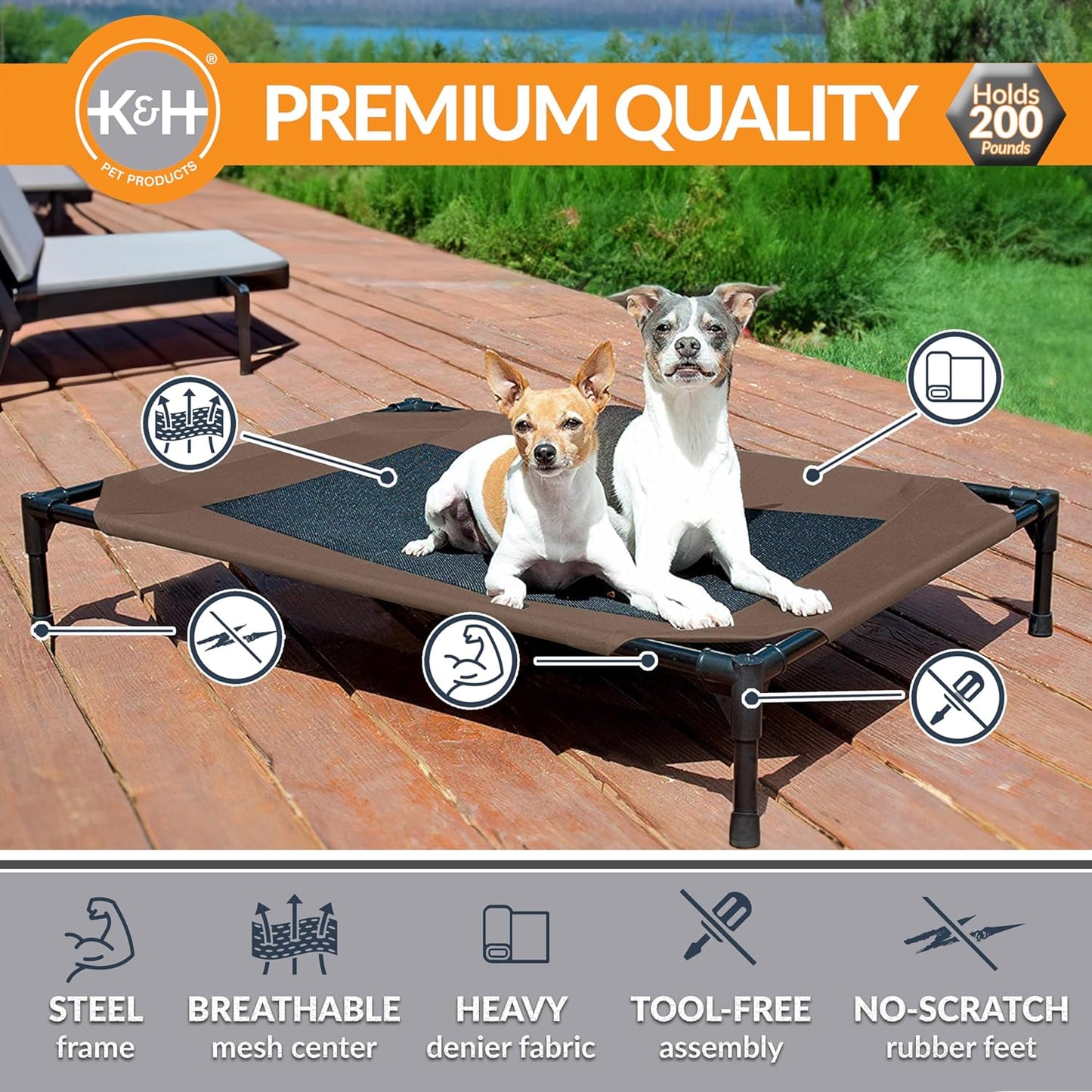 Elevated Outdoor Dog Cot - Breathable Cooling Hammock Pet Bed for Large Dogs, Washable Mesh Cover, Collapsible Portable Design, 42 x 30 In, Chocolate