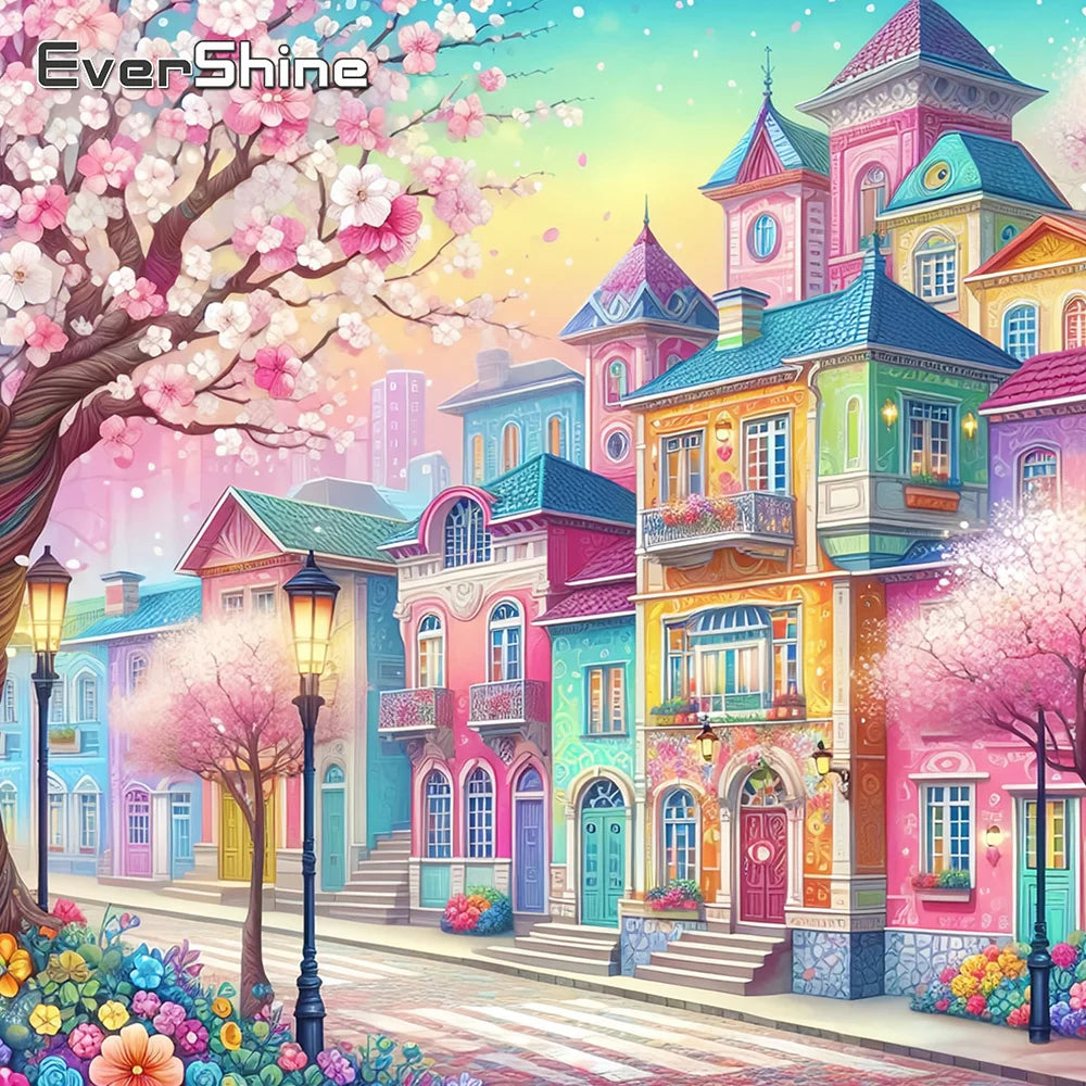 5D DIY Diamond Mosaic Art Kit - Pink Scenery House Street Painting - Complete Embroidery Set for Women - Ideal Gift for 2024