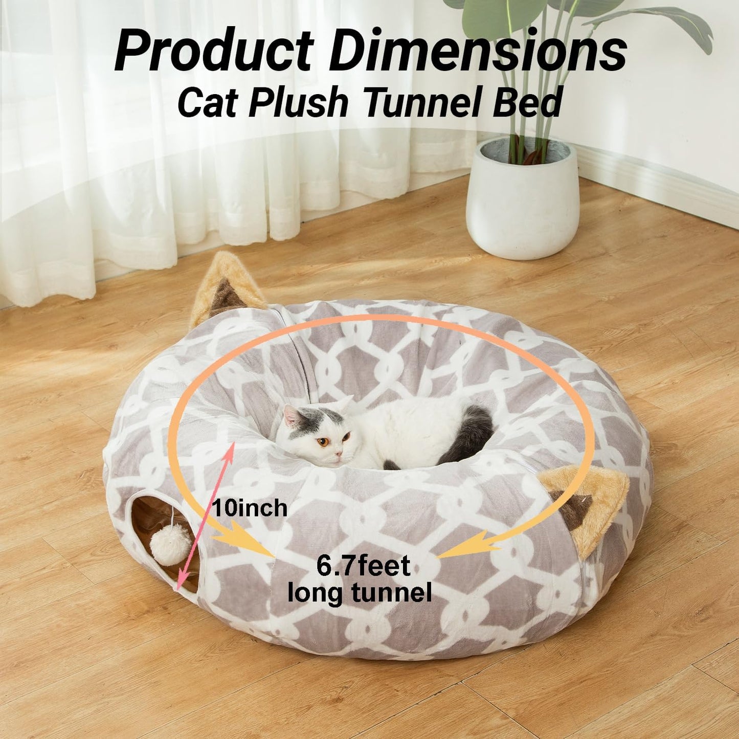 Large Cat Tunnel Bed with Plush Cover, Fluffy Toy Balls, and Small Cushion - 10 Inch Diameter, 3 Ft Length - Ideal for Cats and Small Dogs, Gray Geometric Design