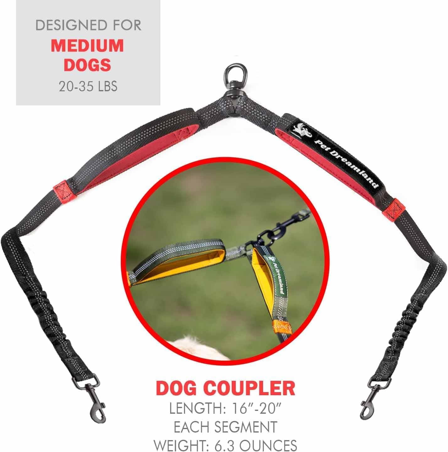 Premium Dual Dog Leash Coupler with Tangle-Free Swivel for Walking Two Medium Dogs - Black & Red