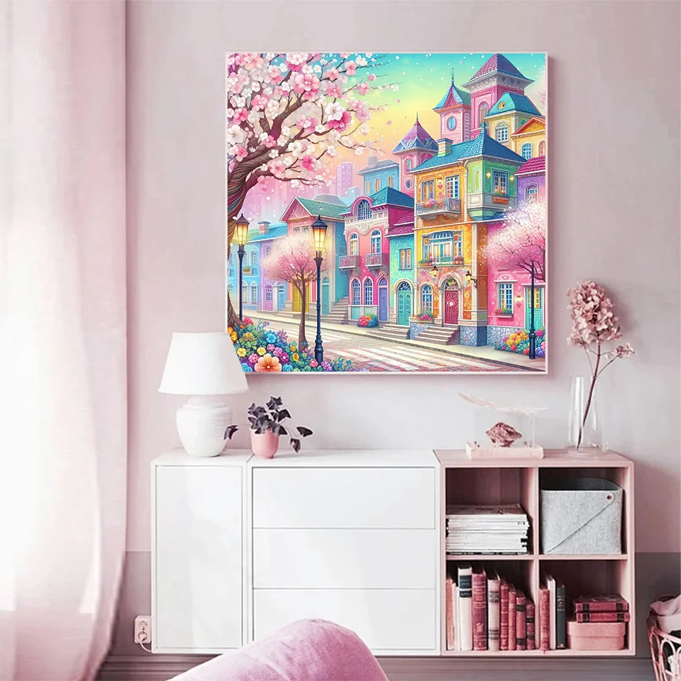 5D DIY Diamond Mosaic Art Kit - Pink Scenery House Street Painting - Complete Embroidery Set for Women - Ideal Gift for 2024