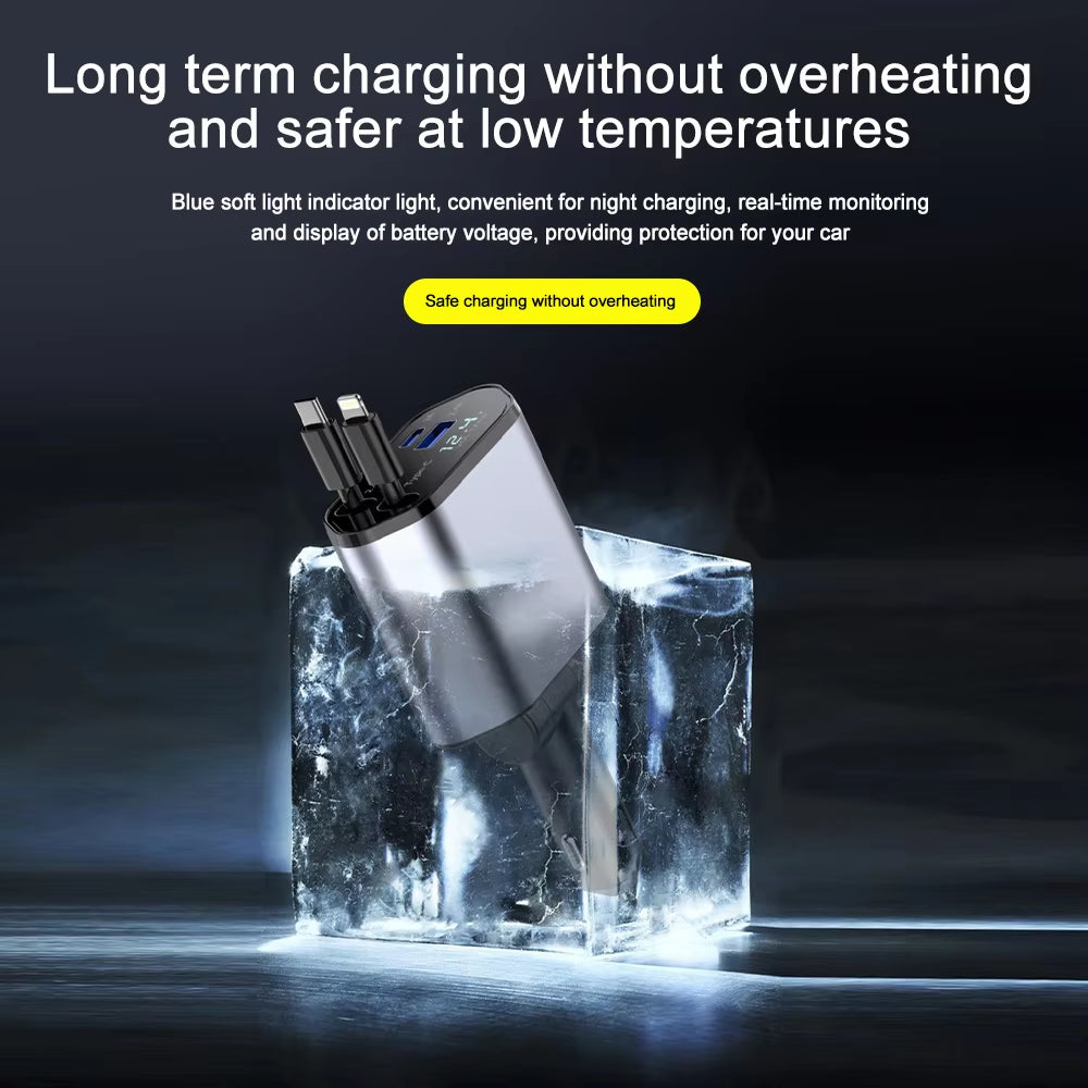 120W Super Fast Car Charger with Telescopic 4-in-1 Cable and Dual USB Ports, Compatible with Various Devices