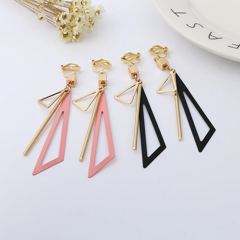 Korean-Inspired Triangle Geometric Clip-On Earrings with Tassel for Women - Retro Fashion Jewelry