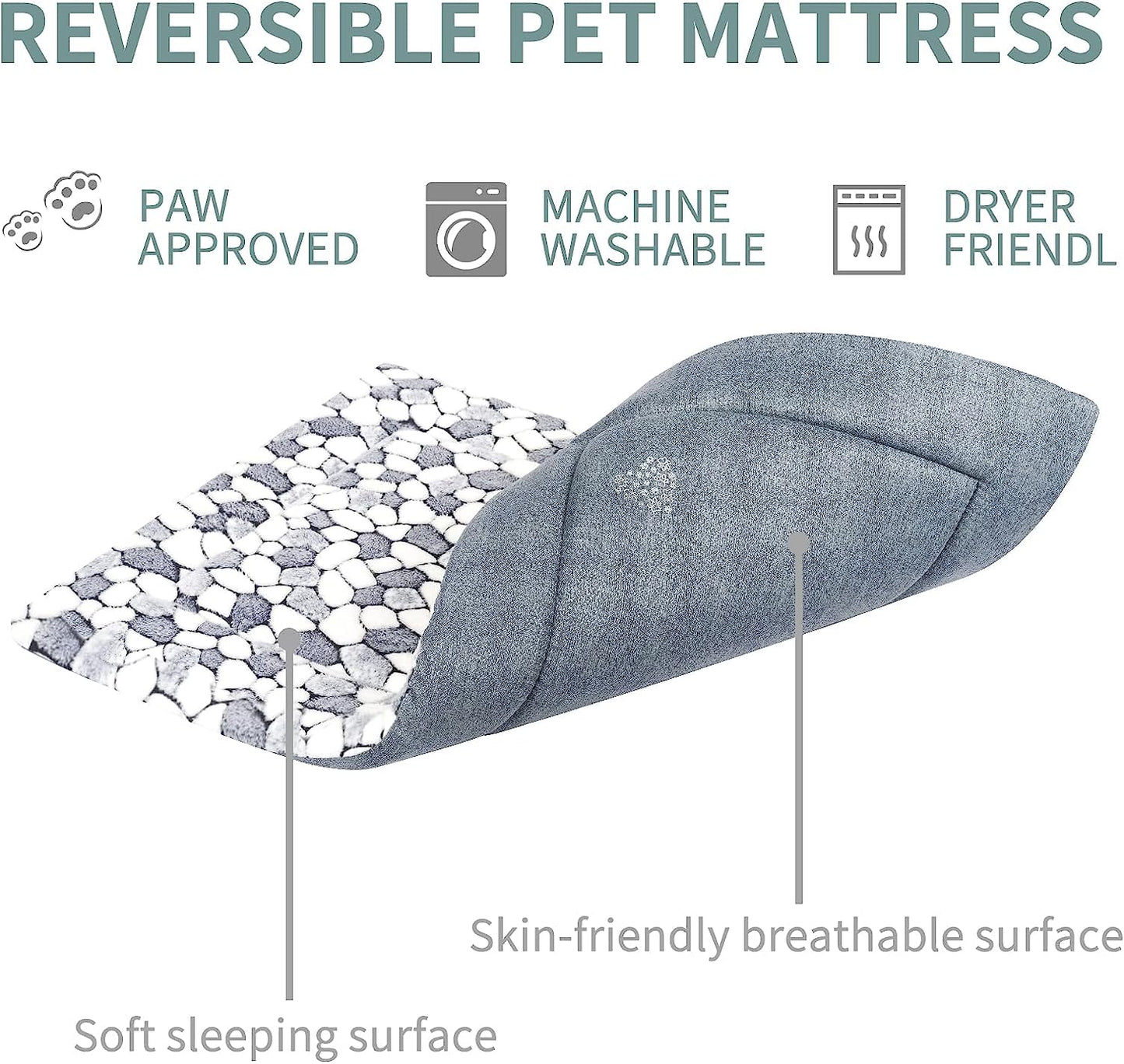 Reversible Dog Crate Pad Bed Mat (Warm & Cool) - Soft, Machine Washable Sleeping Mat for Small to XX-Large Dogs and Cats, Grey Stone Pattern