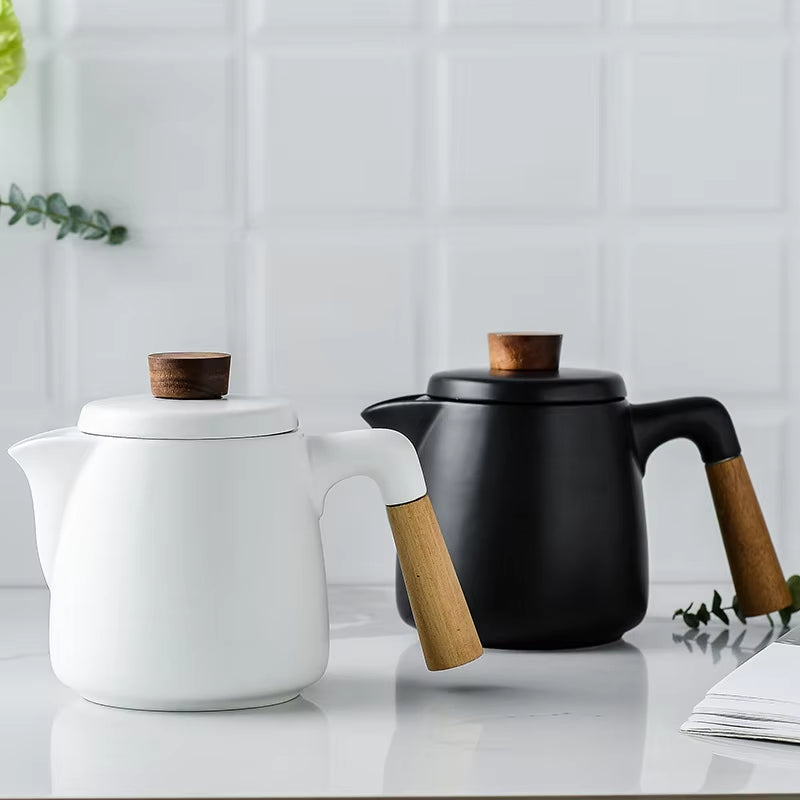 Japanese-Inspired Ceramic Tea Set with Wooden Handle and High Borosilicate Glass Teapot - Heat Resistant and Transparent