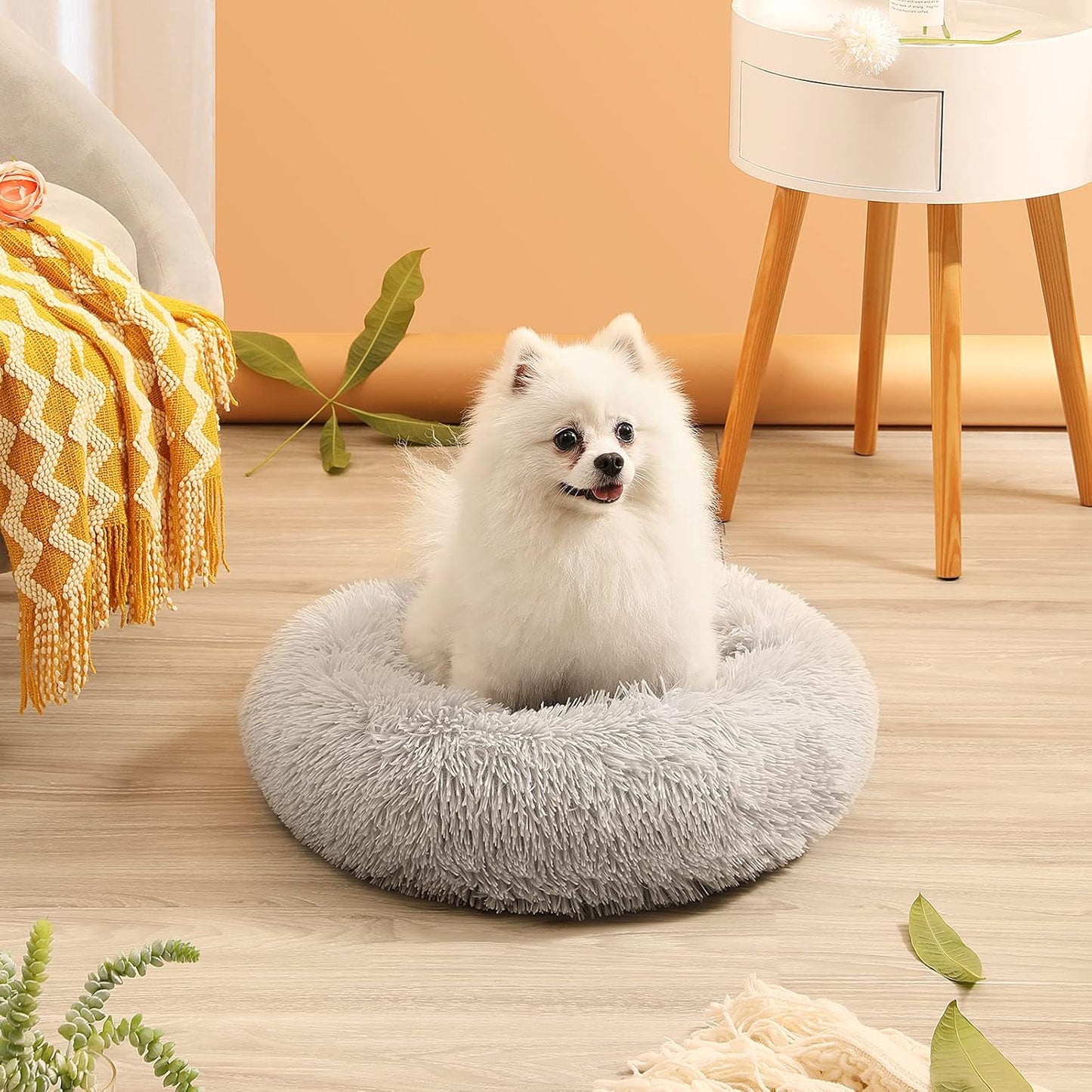 Anti-Anxiety Round Plush Cat and Dog Bed - Cozy, Machine Washable, 20x20 Inch, Grey