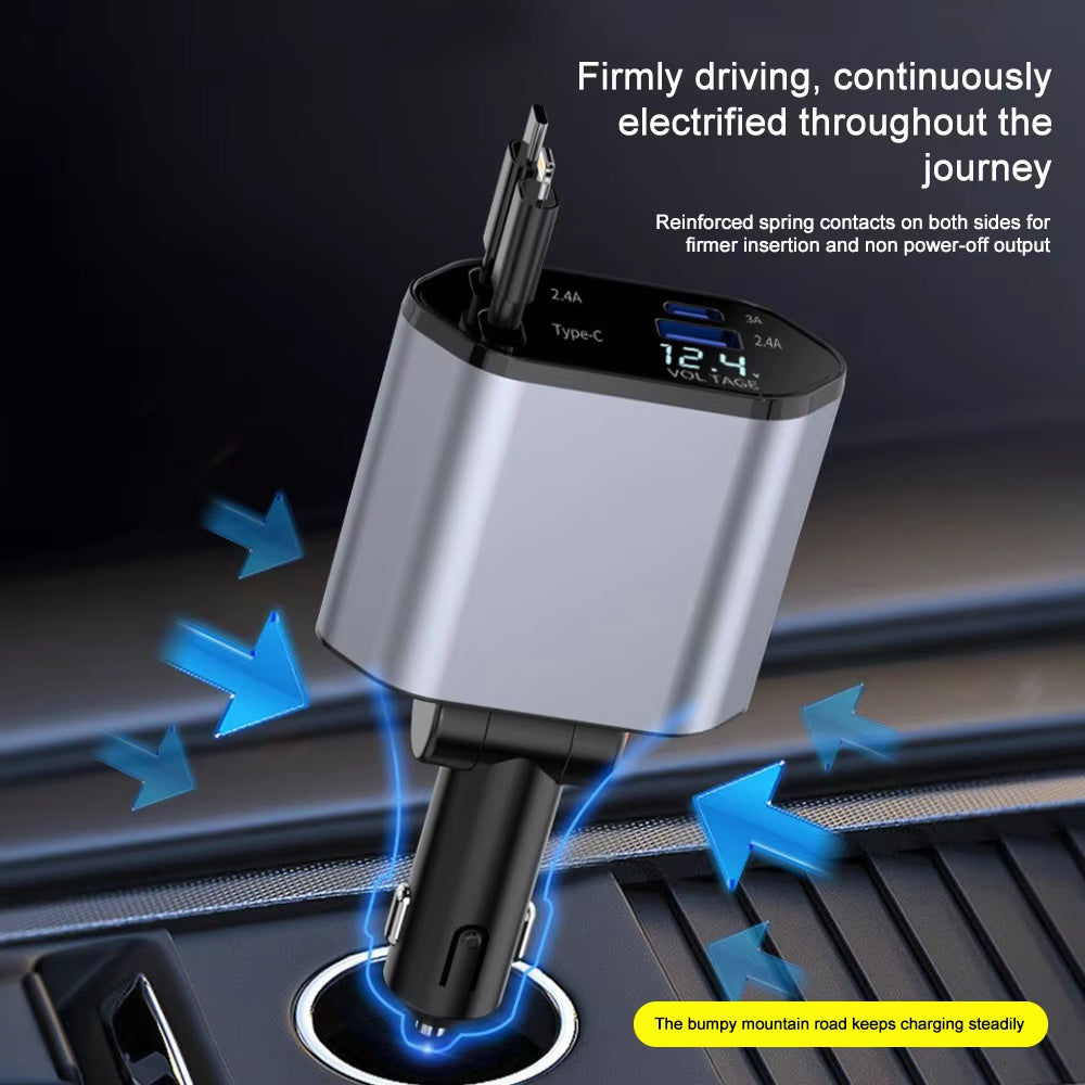 120W Super Fast Car Charger with Telescopic 4-in-1 Cable and Dual USB Ports, Compatible with Various Devices