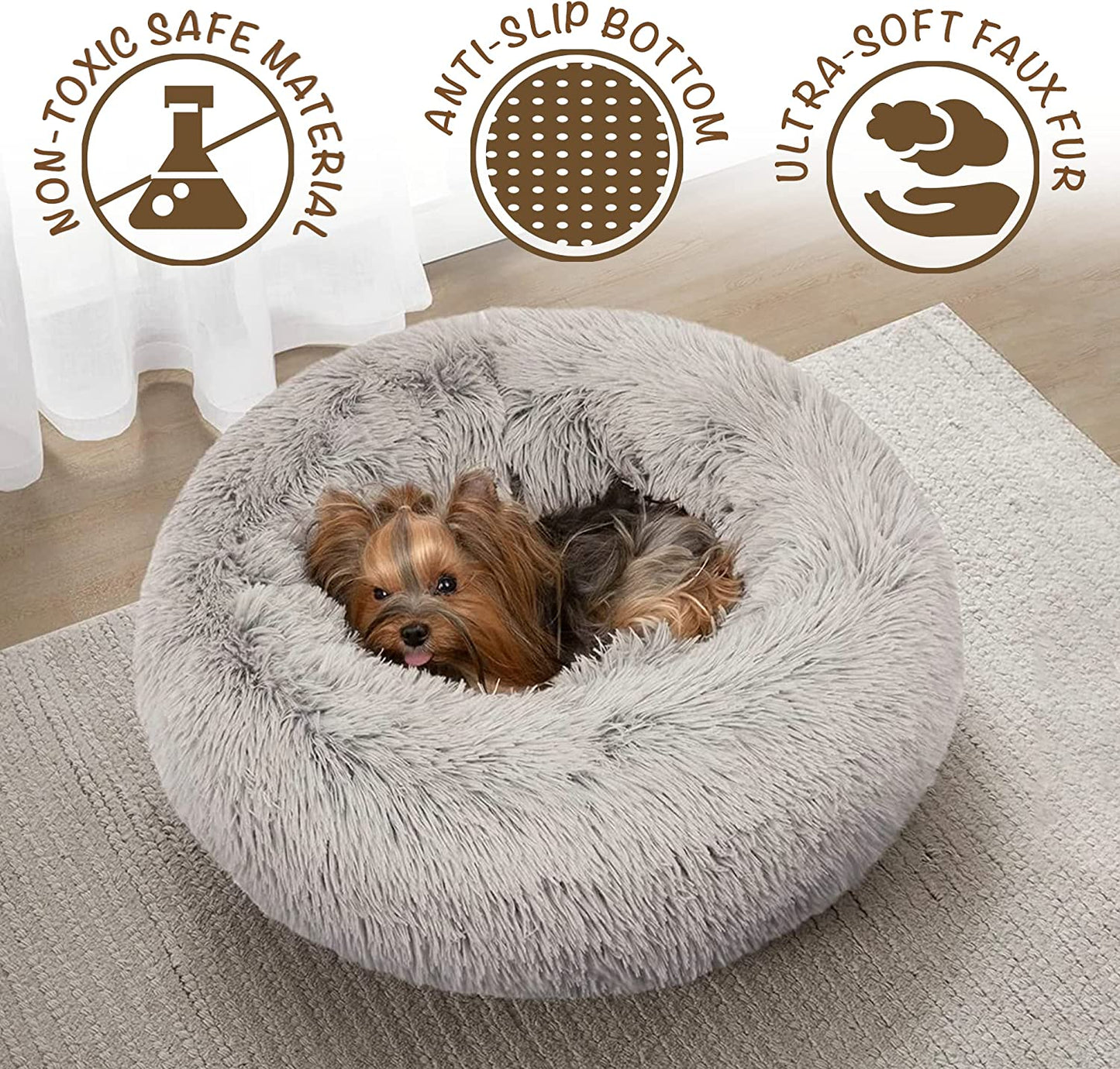 Faux Fur Calming Dog Bed for Small Dogs, Soft Plush Anti-Anxiety Pet Couch, Machine Washable with Non-Slip Bottom, 23" x 23" x 6", Grey