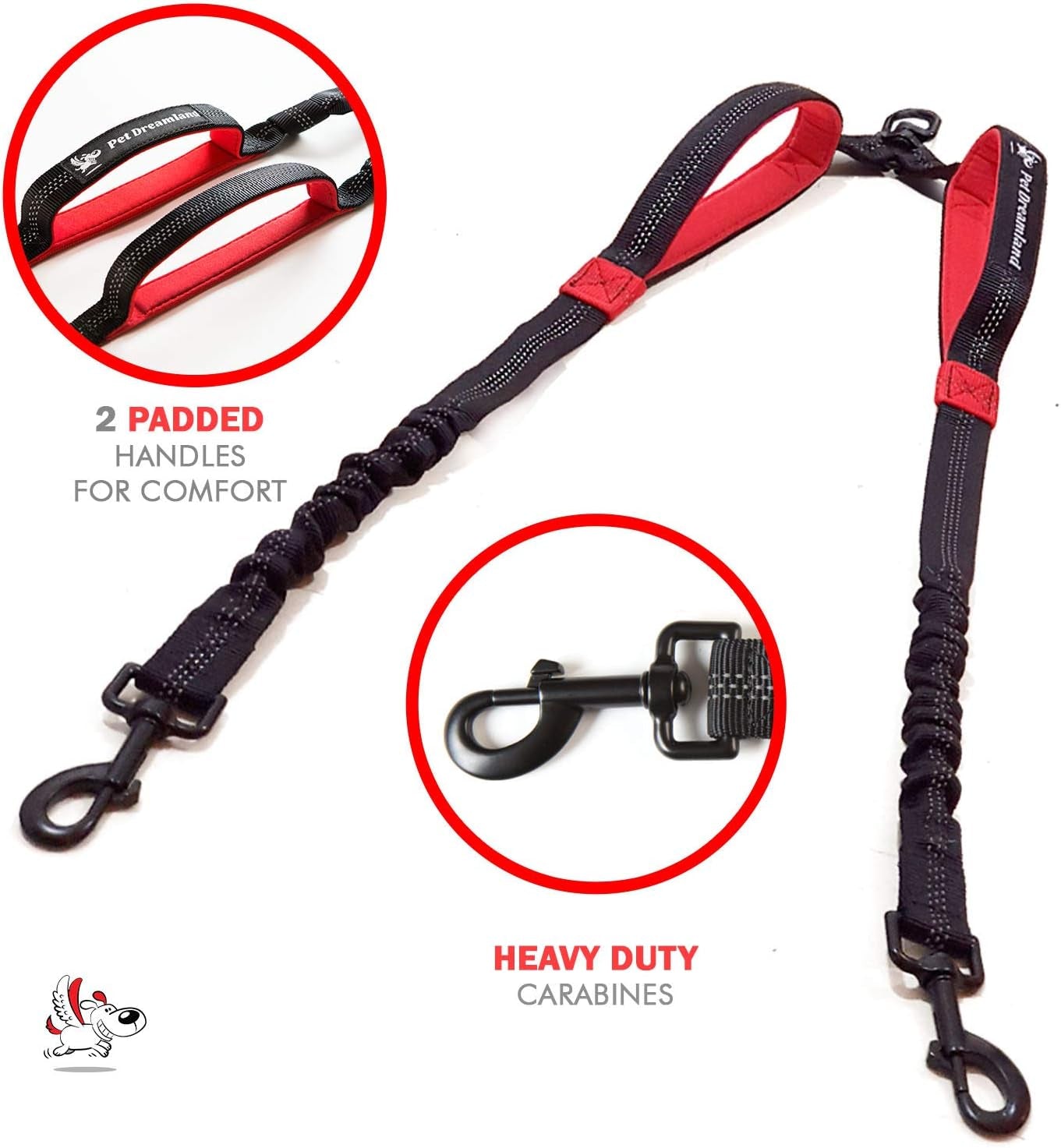 Premium Dual Dog Leash Coupler with Tangle-Free Swivel for Walking Two Medium Dogs - Black & Red