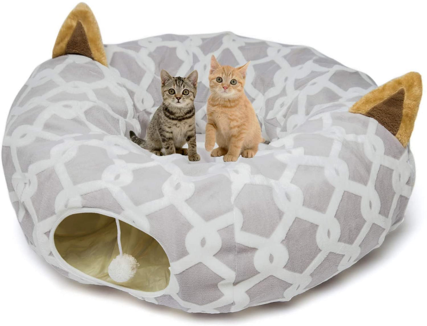 Large Cat Tunnel Bed with Plush Cover, Fluffy Toy Balls, and Small Cushion - 10 Inch Diameter, 3 Ft Length - Ideal for Cats and Small Dogs, Gray Geometric Design