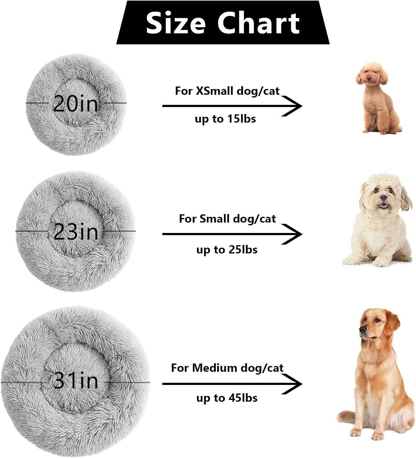 Anti-Anxiety Round Plush Cat and Dog Bed - Cozy, Machine Washable, 20x20 Inch, Grey