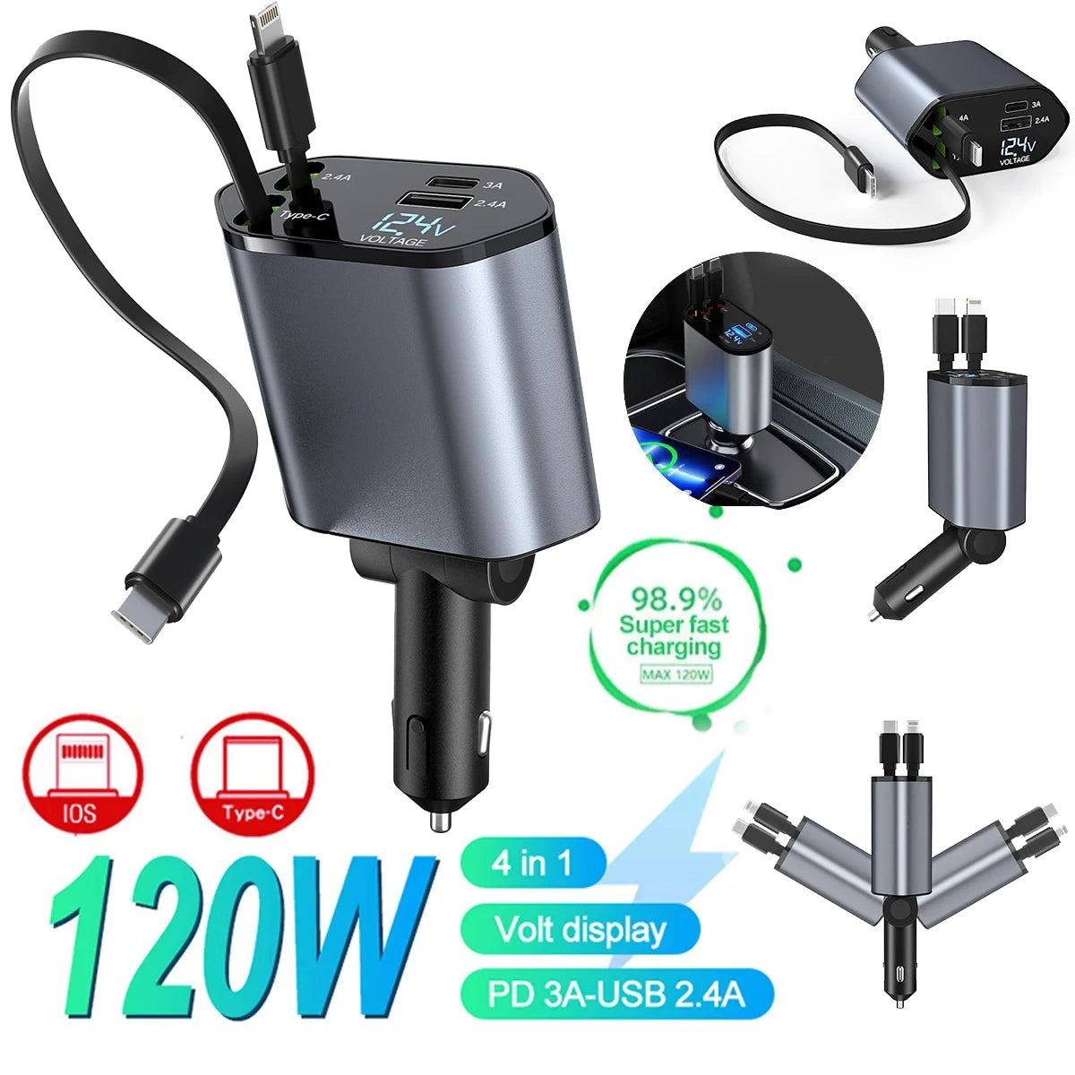 120W Super Fast Car Charger with Telescopic 4-in-1 Cable and Dual USB Ports, Compatible with Various Devices