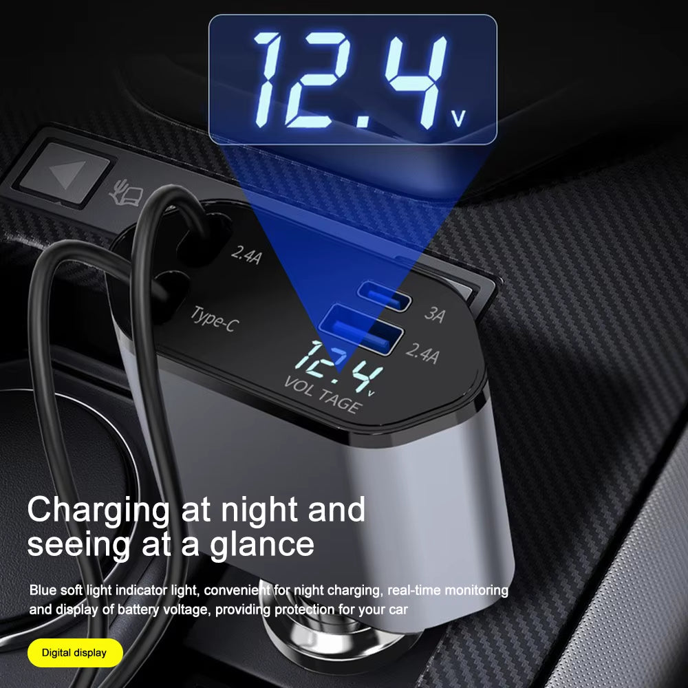 120W Super Fast Car Charger with Telescopic 4-in-1 Cable and Dual USB Ports, Compatible with Various Devices