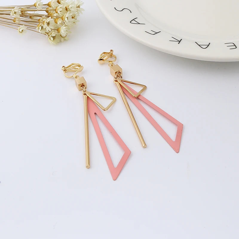 Korean-Inspired Triangle Geometric Clip-On Earrings with Tassel for Women - Retro Fashion Jewelry