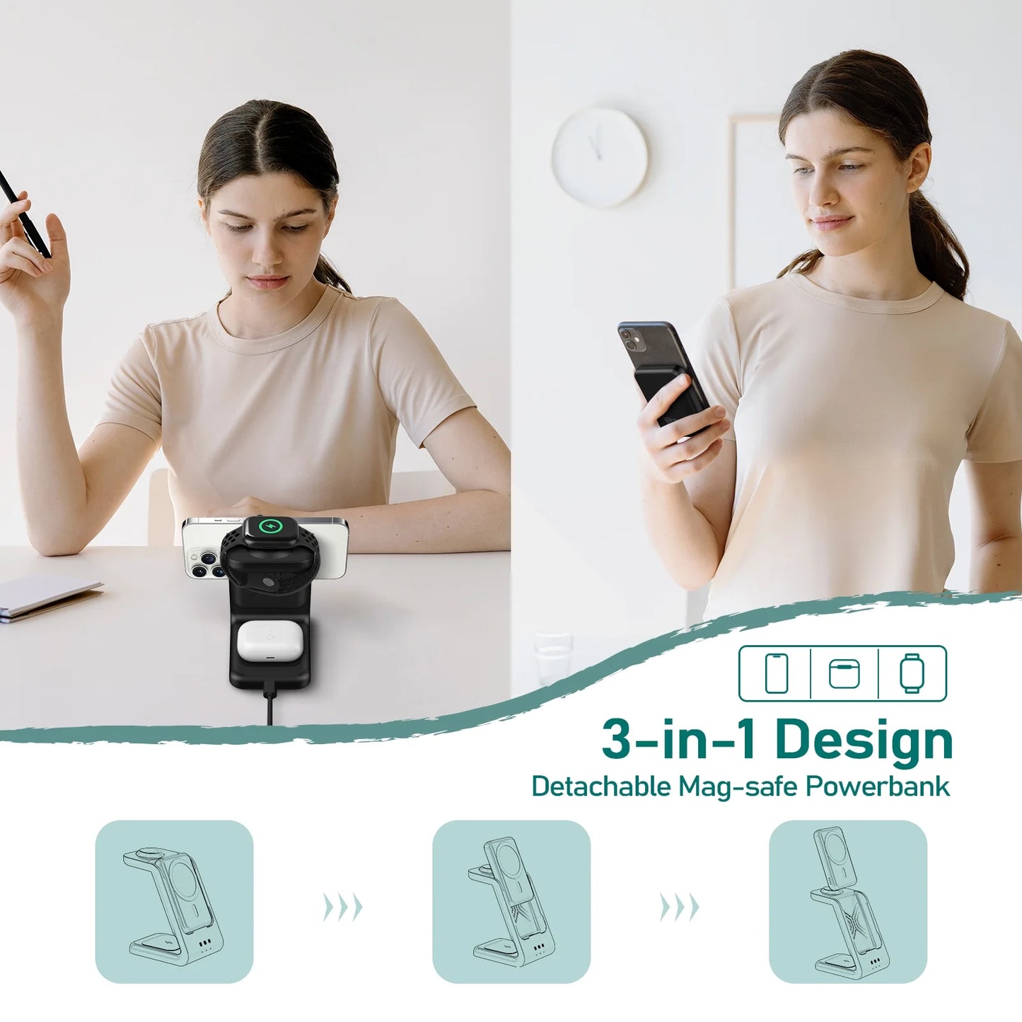 3 in 1 Wireless Charging Station for Iphone 16, 15 & Apple Watch, 5000Mah Magsafe Power Bank