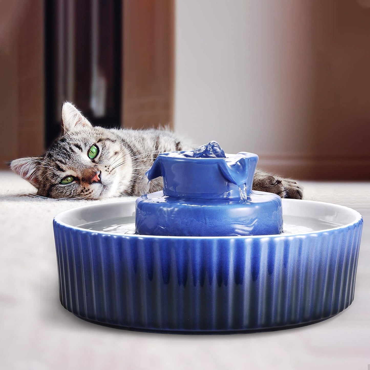 Ceramic Pet Water Fountain, 2.1L Capacity for Dogs and Cats, Includes 3 Carbon Filters and 2 Pumps (Dark Blue)