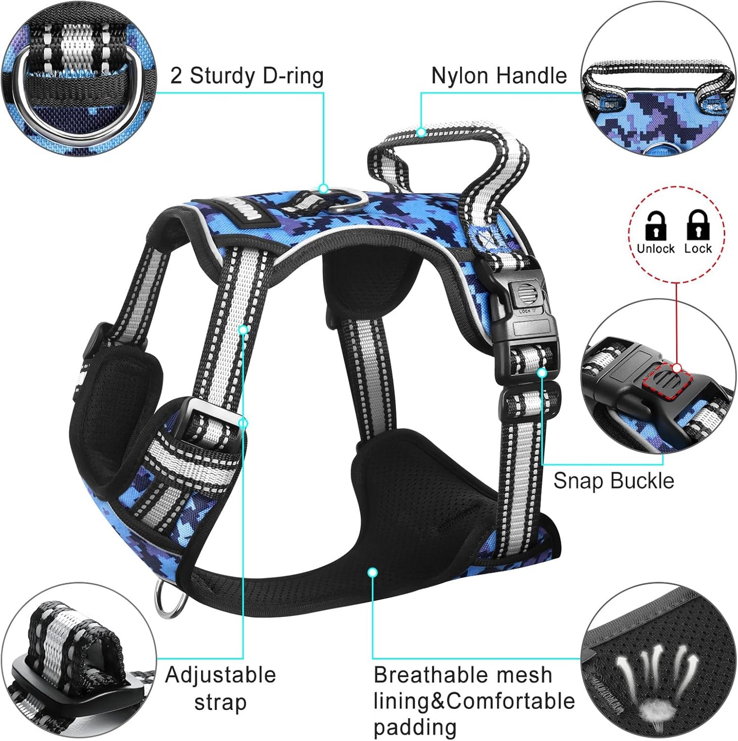 No-Pull Dog Harness with Adjustable Reflective Oxford Vest and Collar, Front/Back Leash Clips for All Dog Sizes, Easy Control Handle for Walking