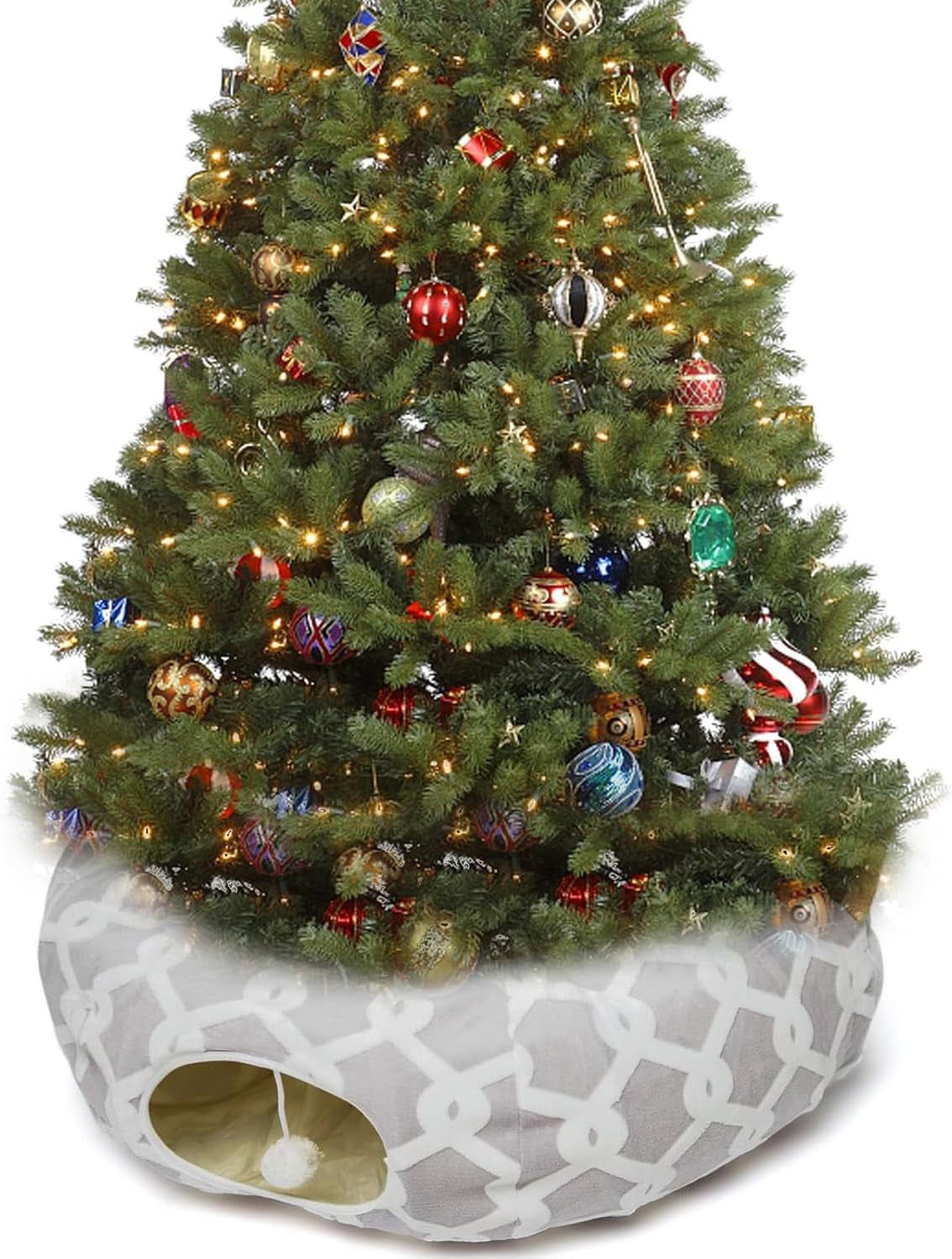 Large Cat Tunnel Bed with Plush Cover, Fluffy Toy Balls, and Small Cushion - 10 Inch Diameter, 3 Ft Length - Ideal for Cats and Small Dogs, Gray Geometric Design