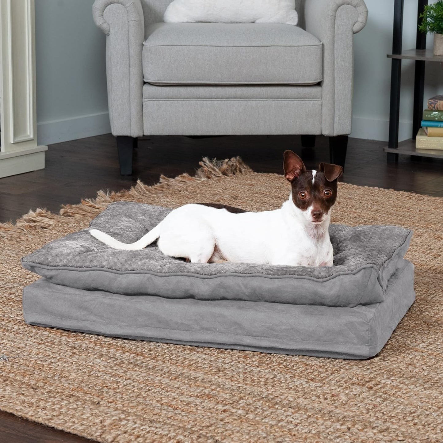 Orthopedic Dog Bed for Medium and Small Breeds with Removable Washable Cover and Pillow Cushion Top, Supports Dogs Up to 35 lbs - Minky Plush and Suede Mattress in Titanium Gray, Medium Size