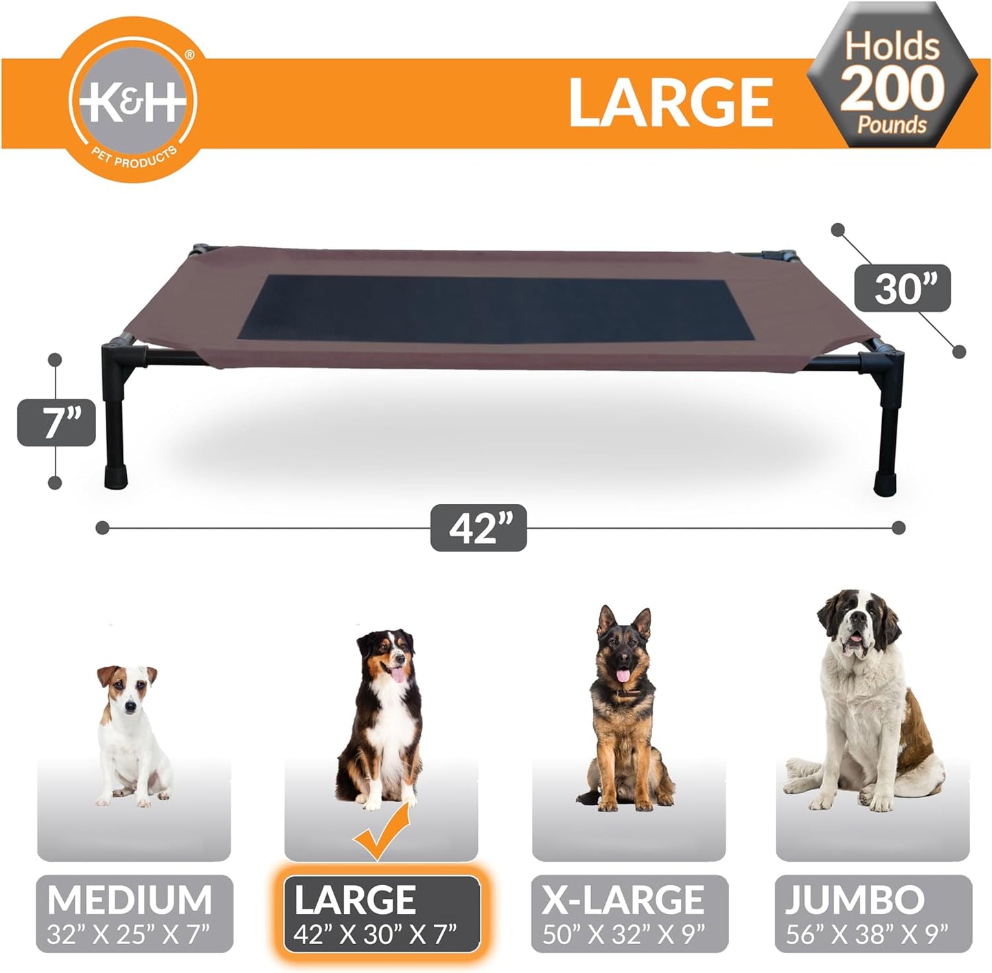 Elevated Outdoor Dog Cot - Breathable Cooling Hammock Pet Bed for Large Dogs, Washable Mesh Cover, Collapsible Portable Design, 42 x 30 In, Chocolate