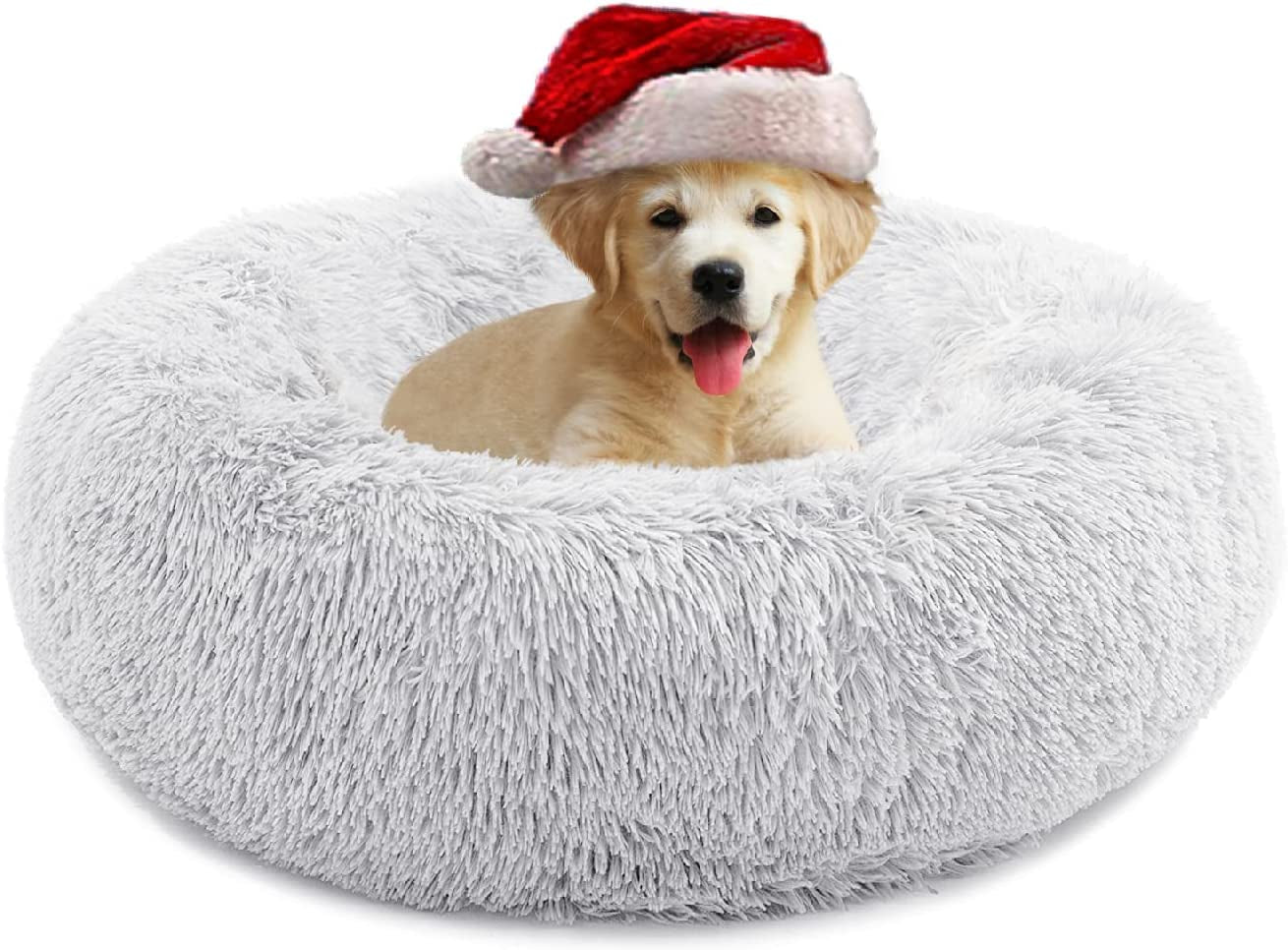 Anti-Anxiety Round Plush Cat and Dog Bed - Cozy, Machine Washable, 20x20 Inch, Grey