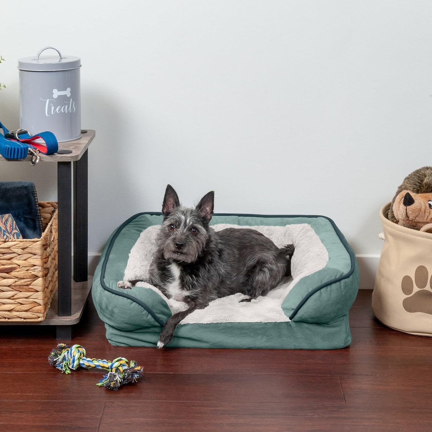 Orthopedic Small Dog Bed with Removable Bolsters and Washable Cover for Dogs Up to 20 lbs - Plush Velvet Waves in Celadon Green