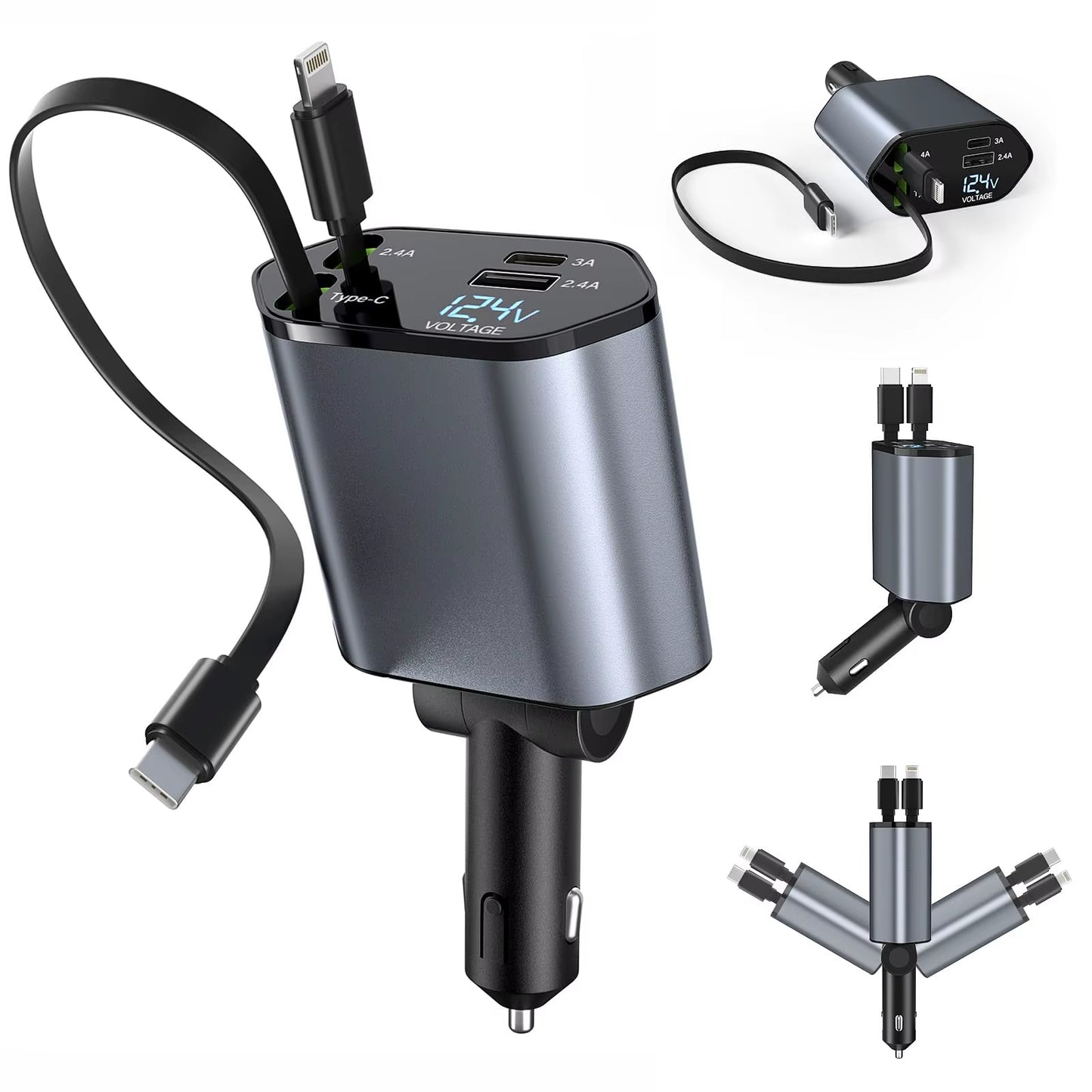 120W Super Fast Car Charger with Telescopic 4-in-1 Cable and Dual USB Ports, Compatible with Various Devices