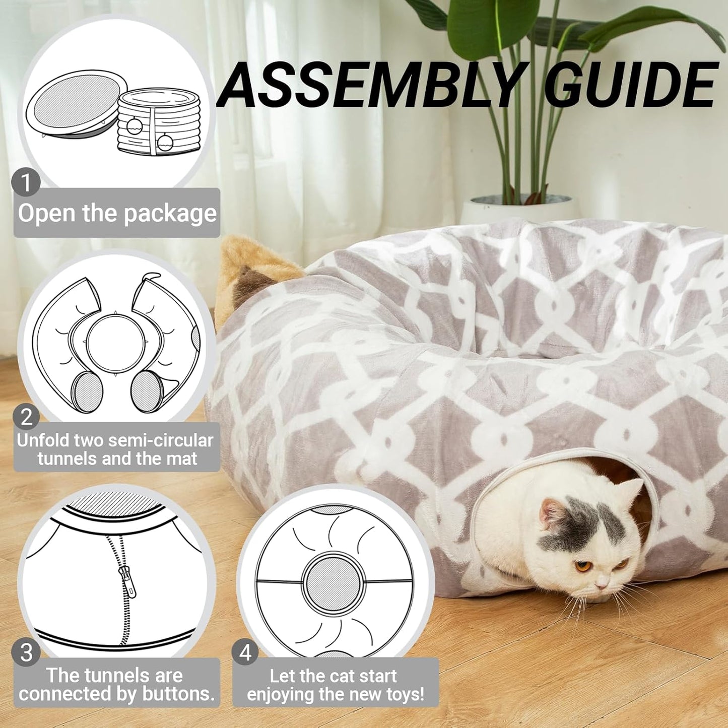 Large Cat Tunnel Bed with Plush Cover, Fluffy Toy Balls, and Small Cushion - 10 Inch Diameter, 3 Ft Length - Ideal for Cats and Small Dogs, Gray Geometric Design