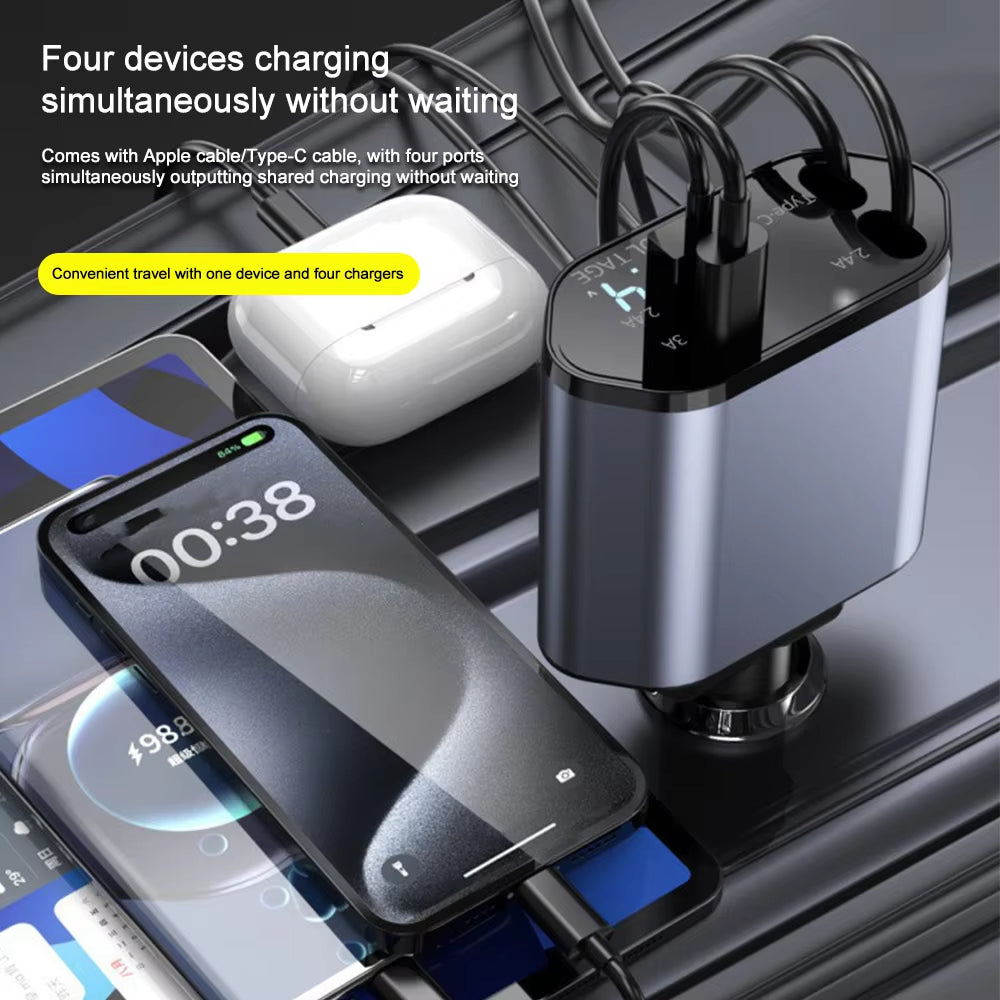 120W Super Fast Car Charger with Telescopic 4-in-1 Cable and Dual USB Ports, Compatible with Various Devices