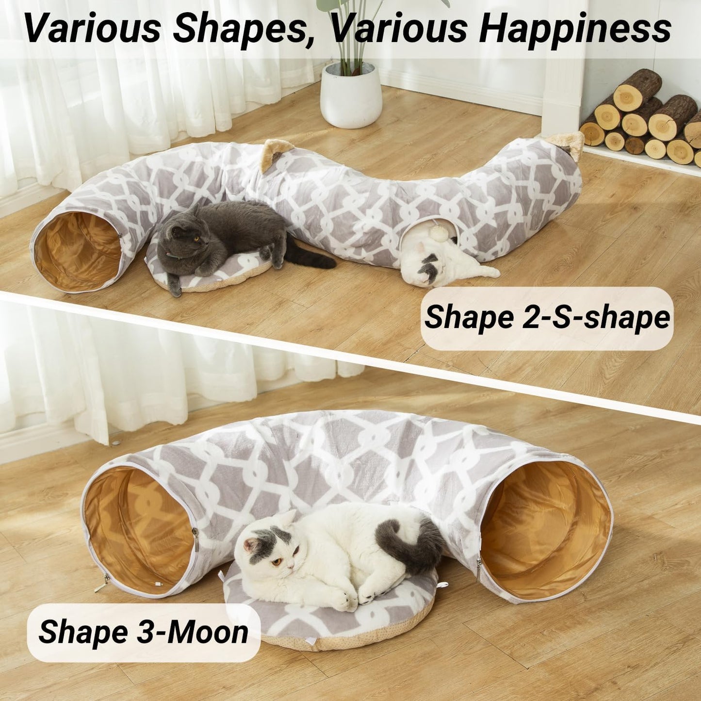 Large Cat Tunnel Bed with Plush Cover, Fluffy Toy Balls, and Small Cushion - 10 Inch Diameter, 3 Ft Length - Ideal for Cats and Small Dogs, Gray Geometric Design