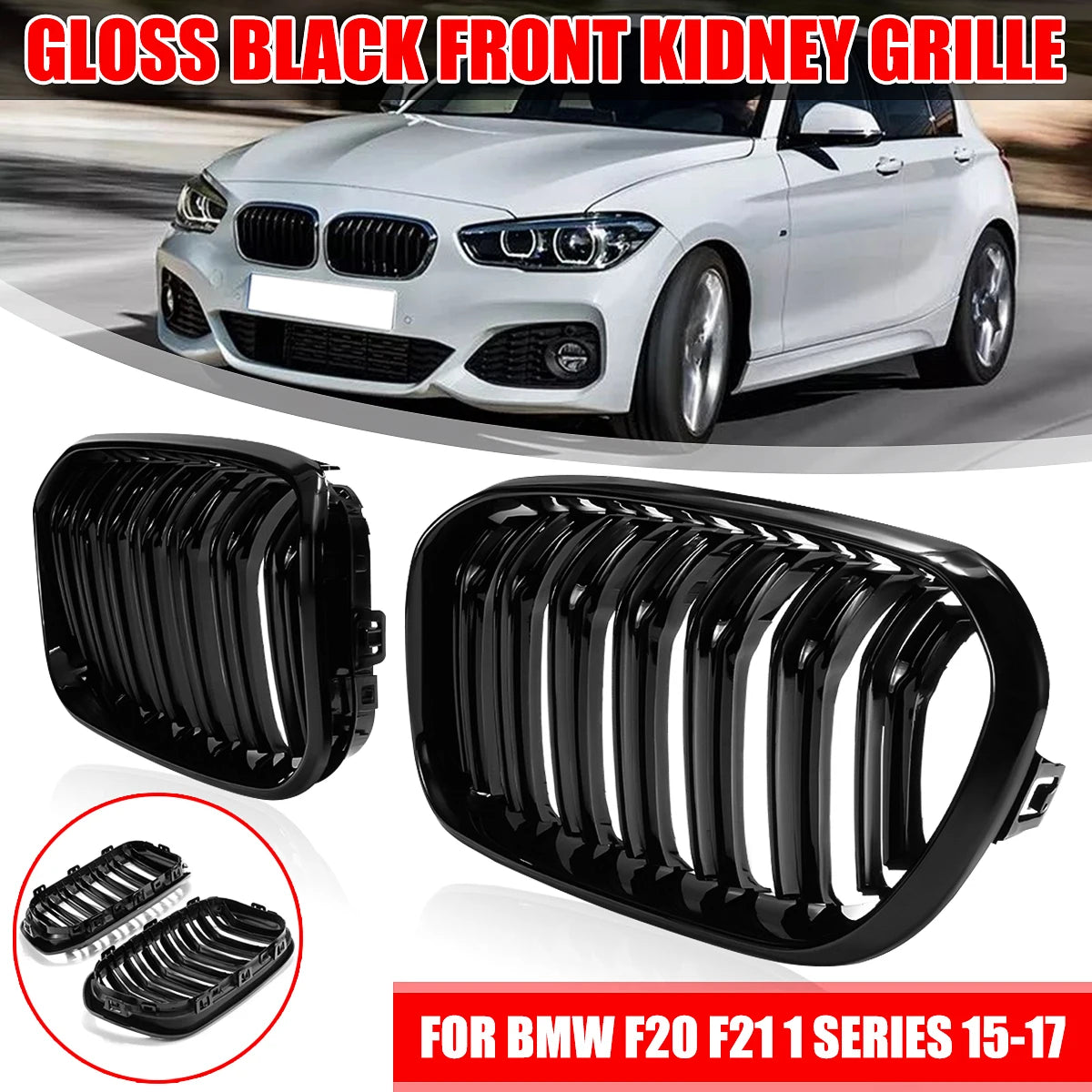 2015-2017 BMW F20 F21 120I LCI 1 Series Glossy Black Racing Grille with 2 Slats