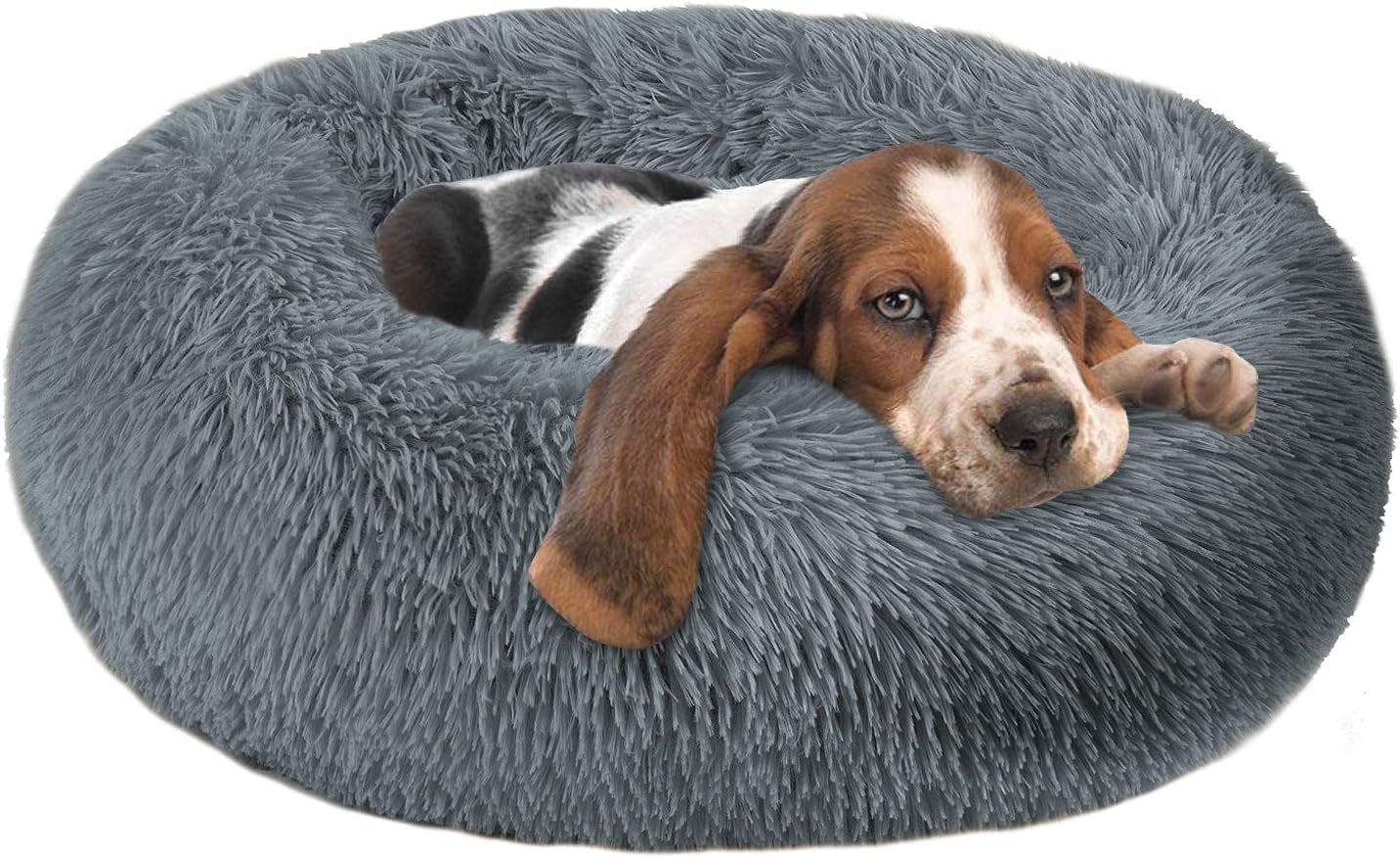 Cuddler Dog Bed with Soft Faux Fur Surface, Machine Washable Donut Pillow Design, Non-Slip Base, and Elegant Edging