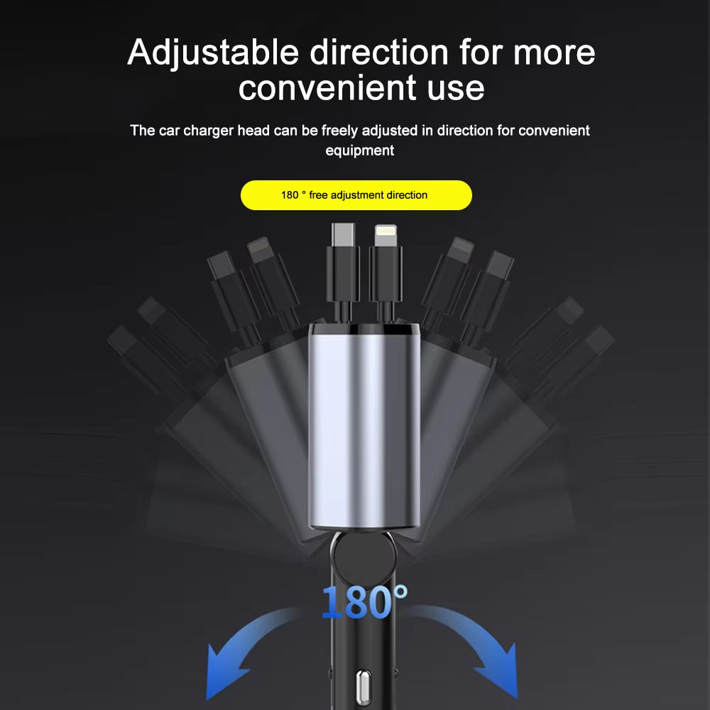 120W Super Fast Car Charger with Telescopic 4-in-1 Cable and Dual USB Ports, Compatible with Various Devices