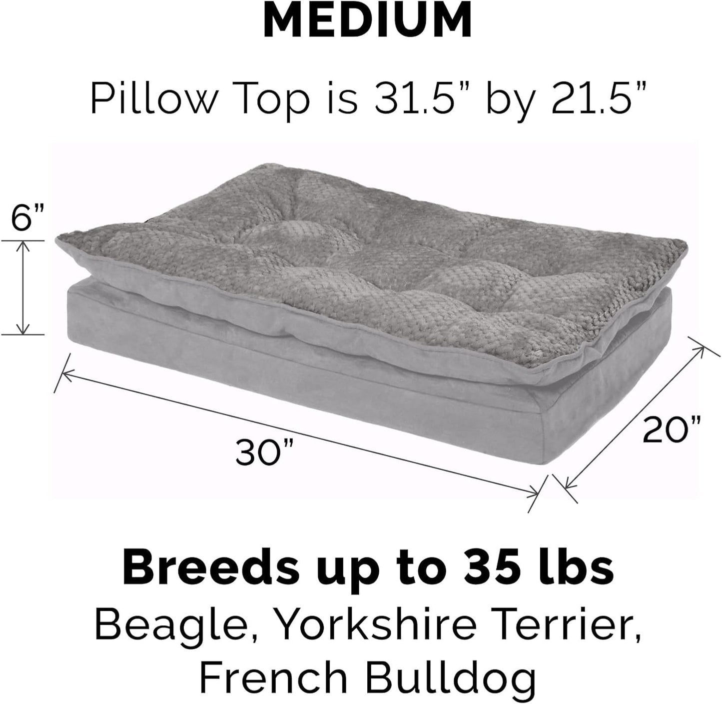 Orthopedic Dog Bed for Medium and Small Breeds with Removable Washable Cover and Pillow Cushion Top, Supports Dogs Up to 35 lbs - Minky Plush and Suede Mattress in Titanium Gray, Medium Size