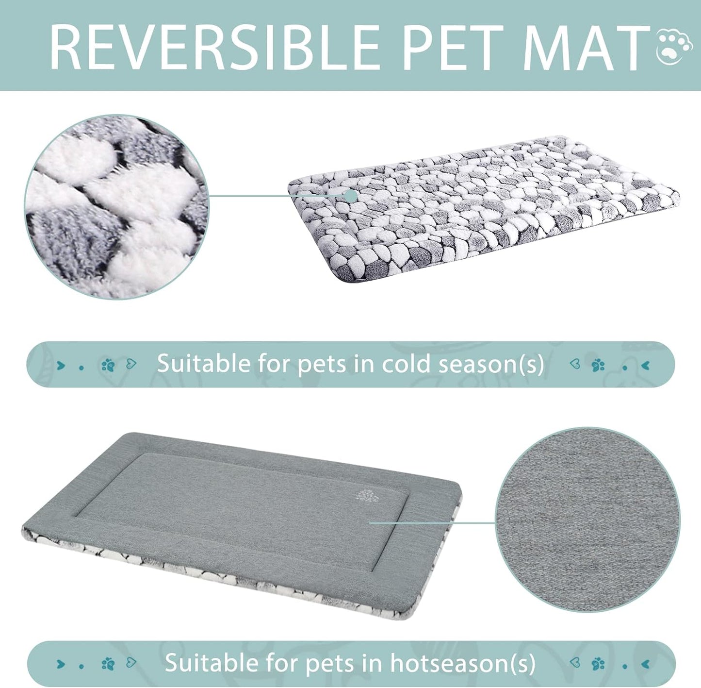 Reversible Dog Crate Pad Bed Mat (Warm & Cool) - Soft, Machine Washable Sleeping Mat for Small to XX-Large Dogs and Cats, Grey Stone Pattern