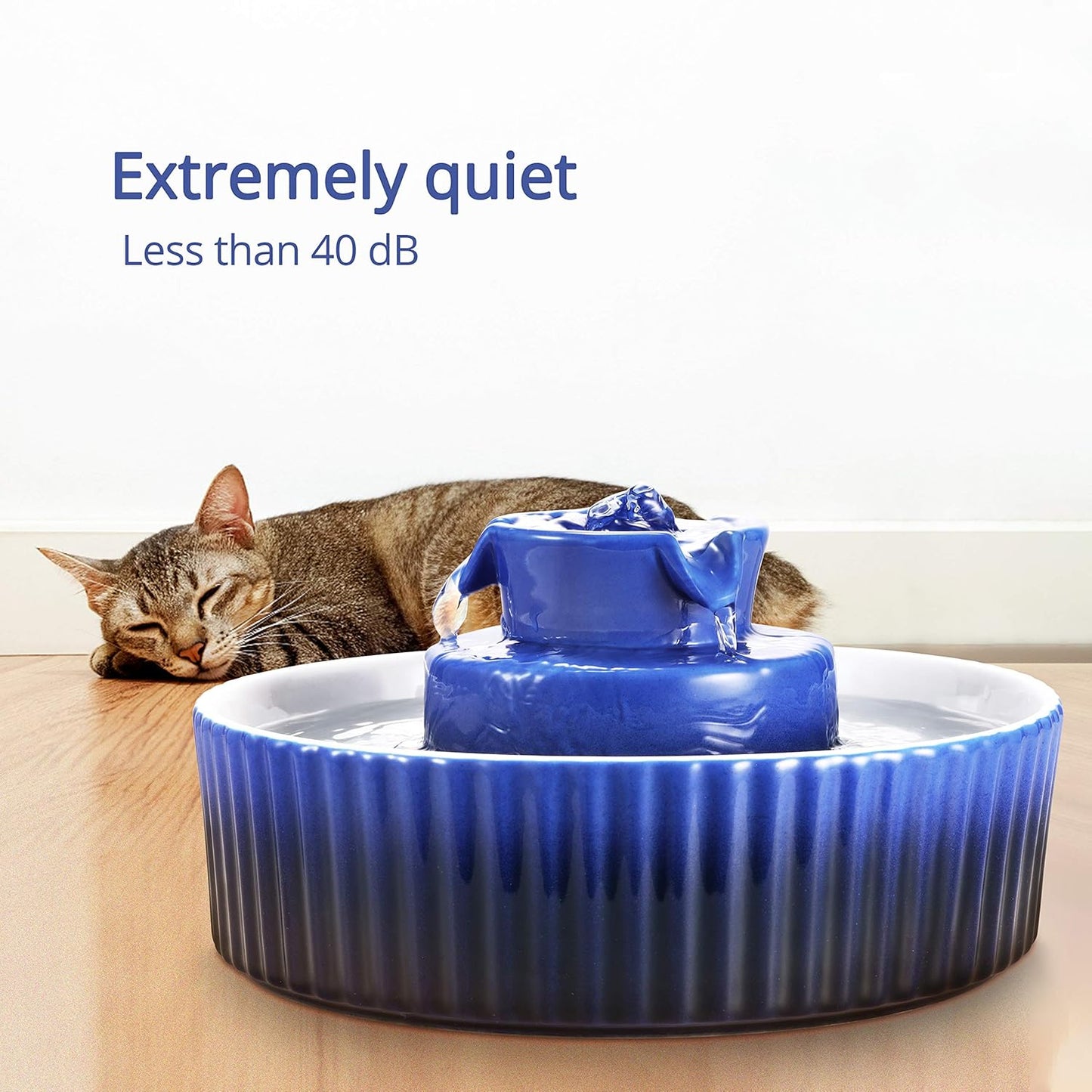 Ceramic Pet Water Fountain, 2.1L Capacity for Dogs and Cats, Includes 3 Carbon Filters and 2 Pumps (Dark Blue)