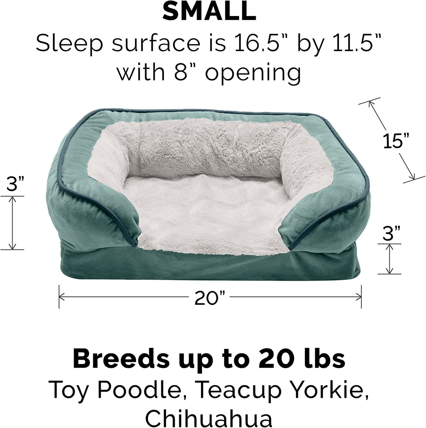 Orthopedic Small Dog Bed with Removable Bolsters and Washable Cover for Dogs Up to 20 lbs - Plush Velvet Waves in Celadon Green