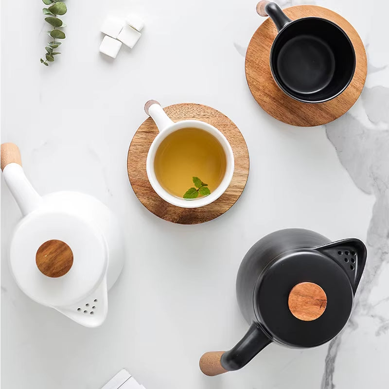 Japanese-Inspired Ceramic Tea Set with Wooden Handle and High Borosilicate Glass Teapot - Heat Resistant and Transparent