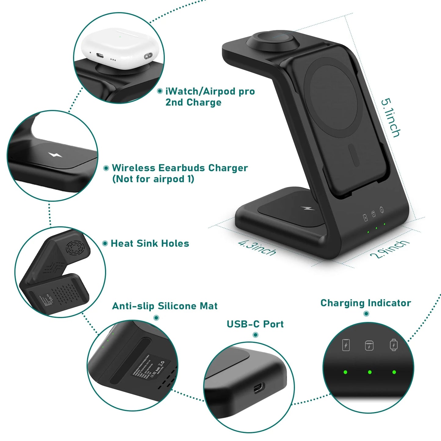 3 in 1 Wireless Charging Station for Iphone 16, 15 & Apple Watch, 5000Mah Magsafe Power Bank