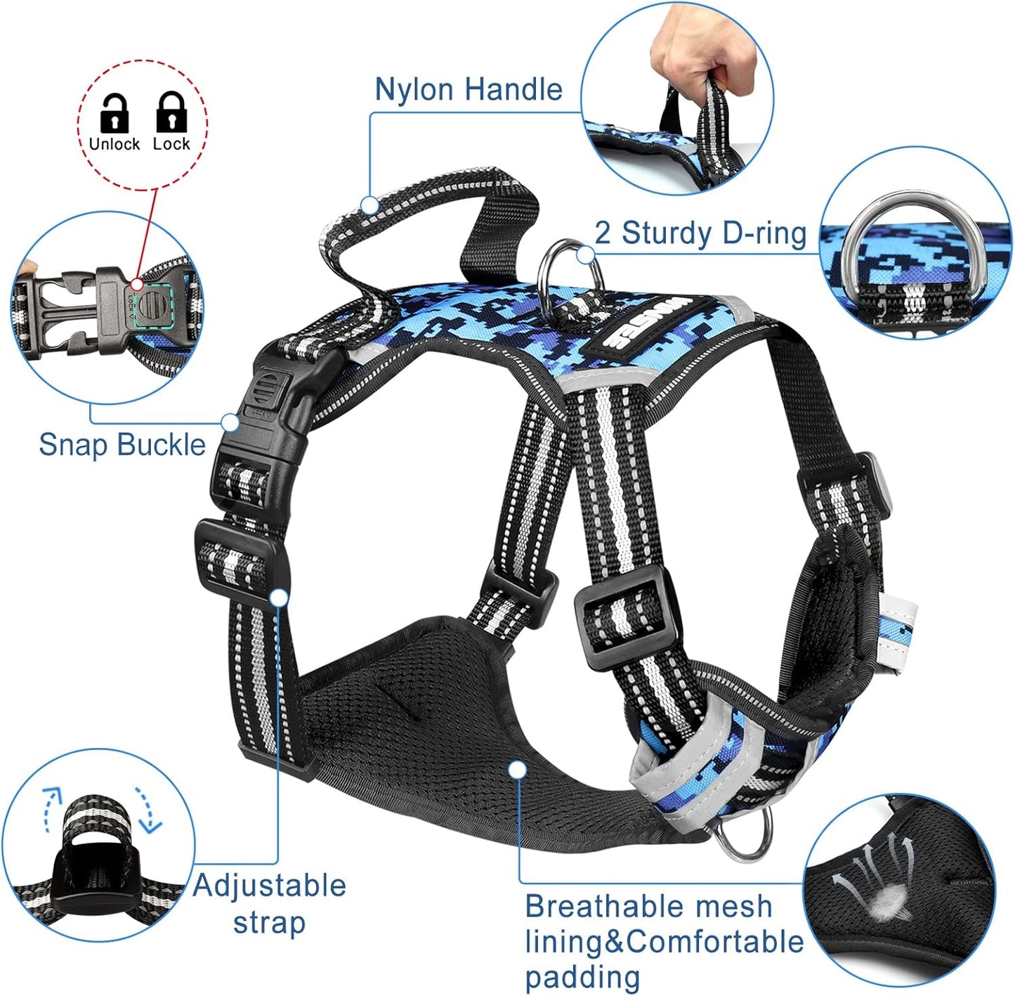 No-Pull Dog Harness with Adjustable Reflective Oxford Vest and Collar, Front/Back Leash Clips for All Dog Sizes, Easy Control Handle for Walking
