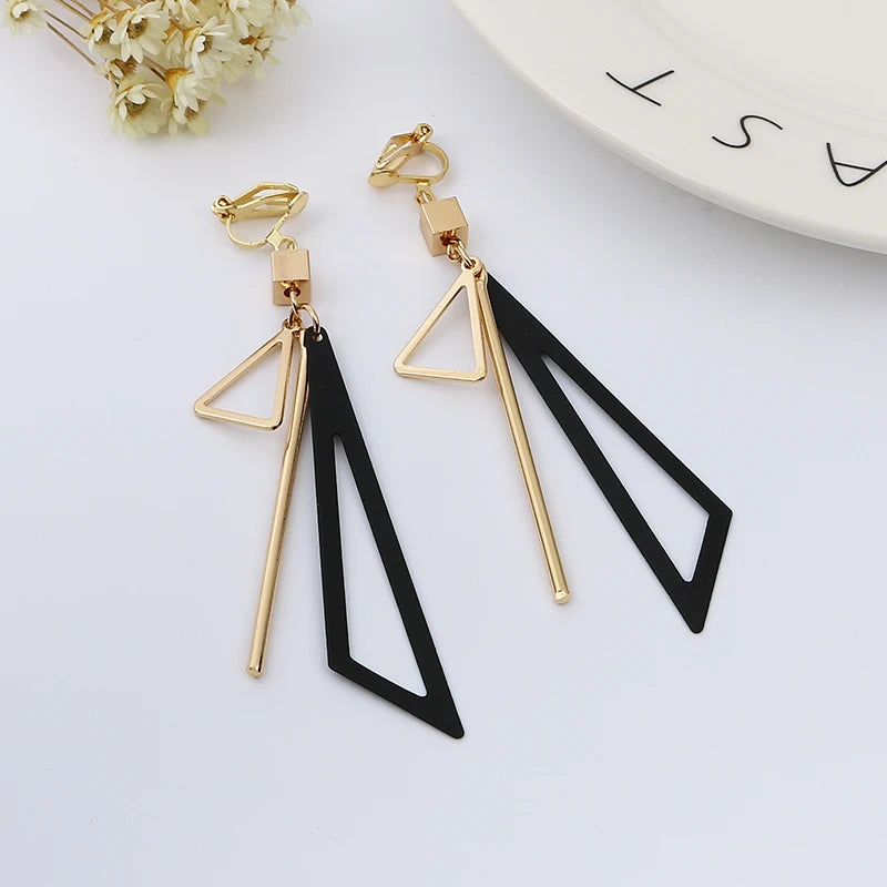 Korean-Inspired Triangle Geometric Clip-On Earrings with Tassel for Women - Retro Fashion Jewelry
