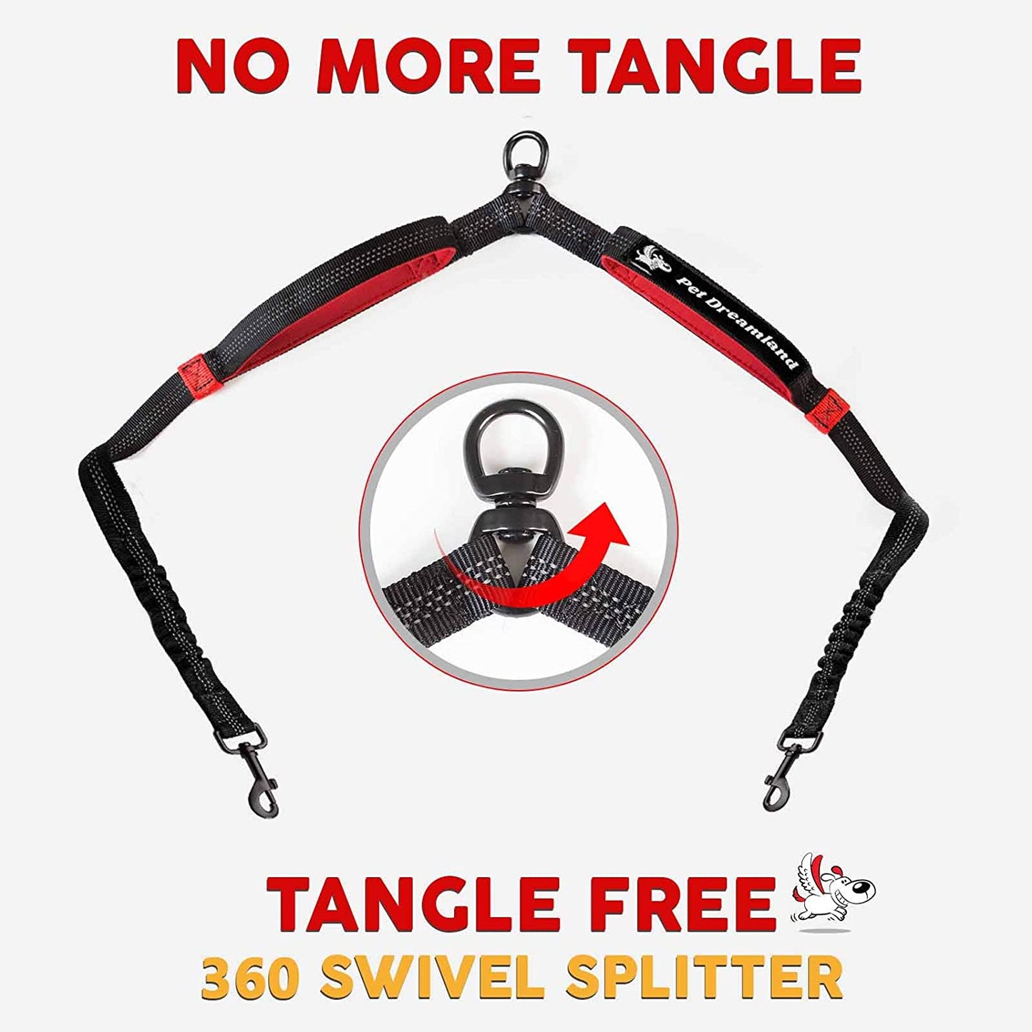 Premium Dual Dog Leash Coupler with Tangle-Free Swivel for Walking Two Medium Dogs - Black & Red