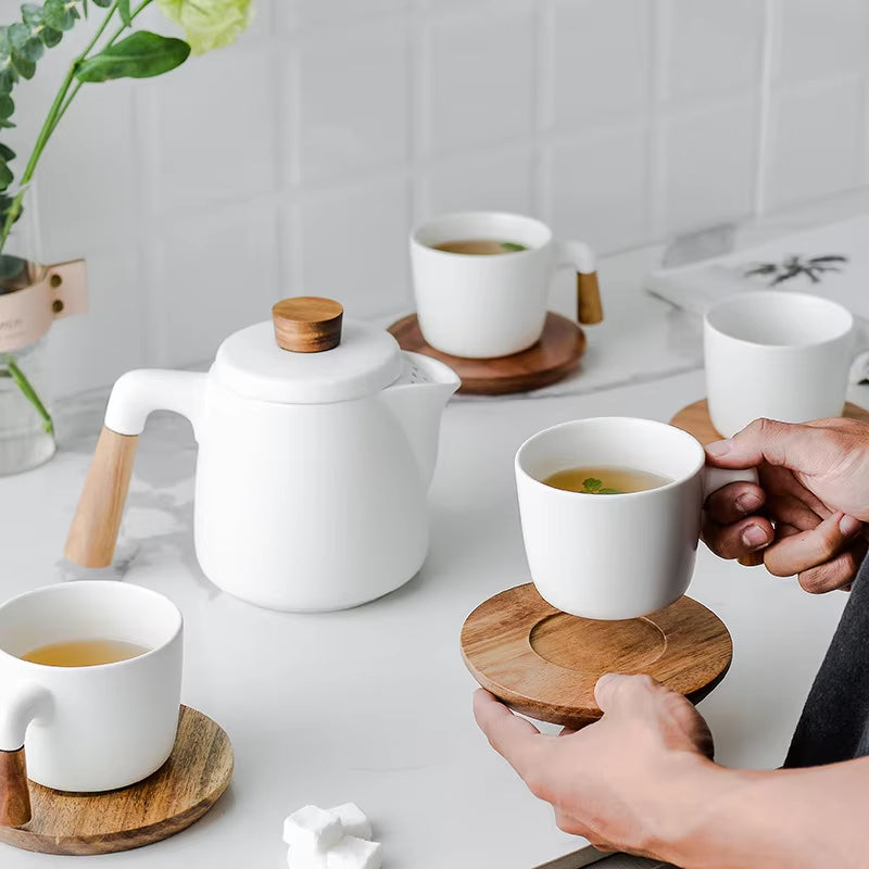 Japanese-Inspired Ceramic Tea Set with Wooden Handle and High Borosilicate Glass Teapot - Heat Resistant and Transparent